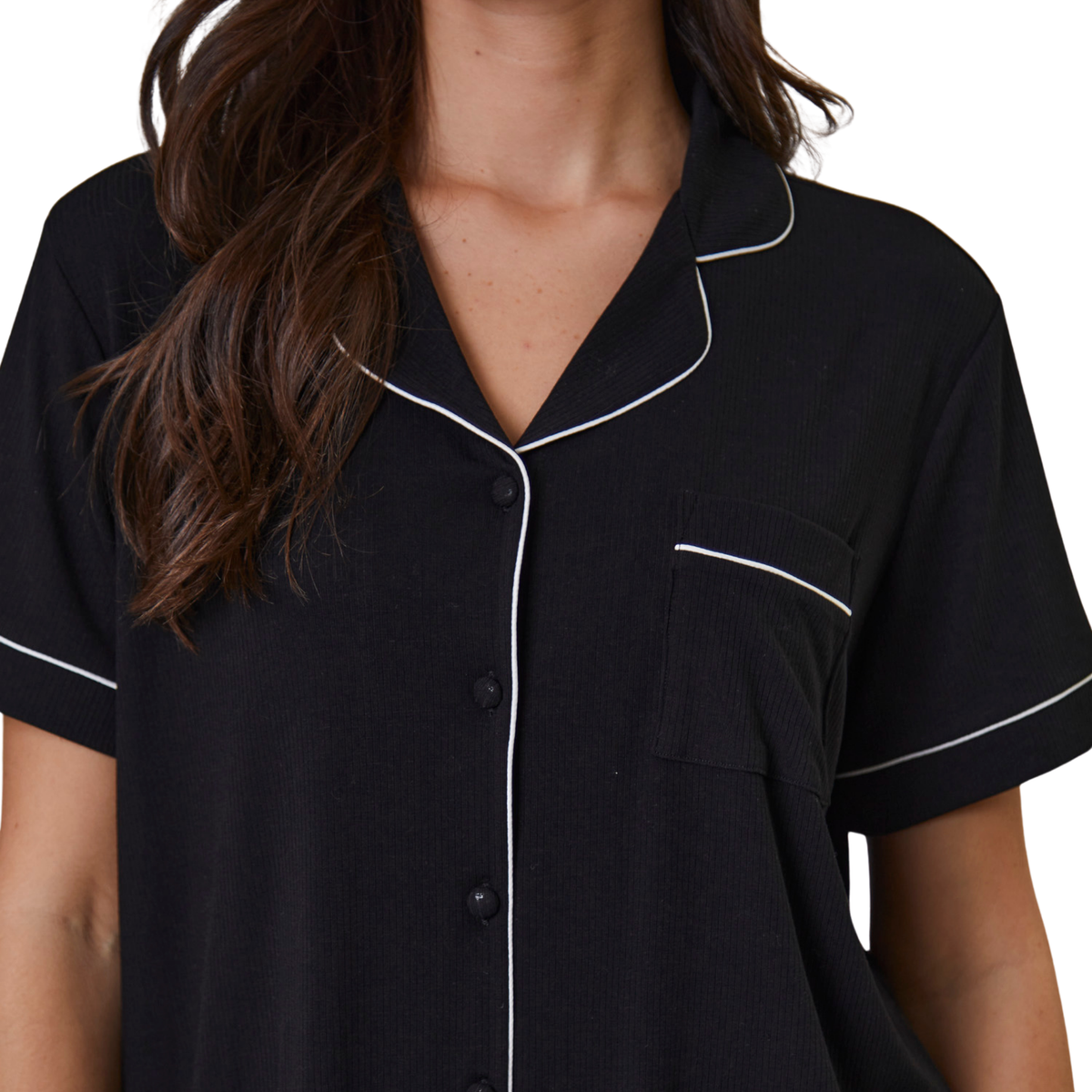 Womens Black Rib S/s Pyjama Shorts Set