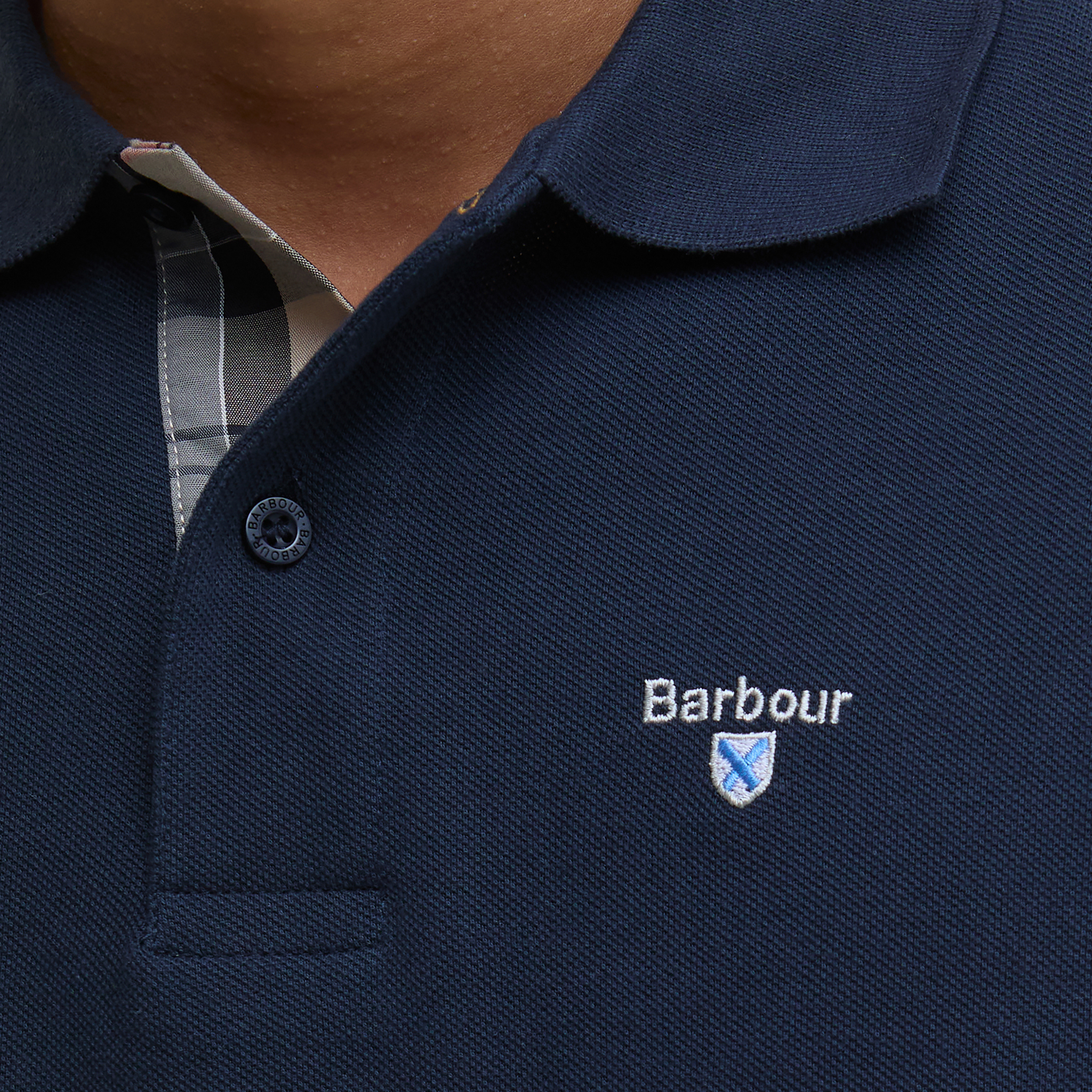 Mens Barbour New Navy Tartan Pique S/s Polo Shirt