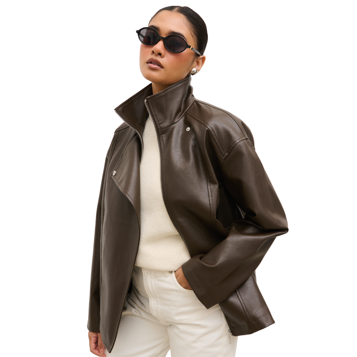 Womens Pretty Lavish Chocolate Lyla Faux Leather Bomber Jacket