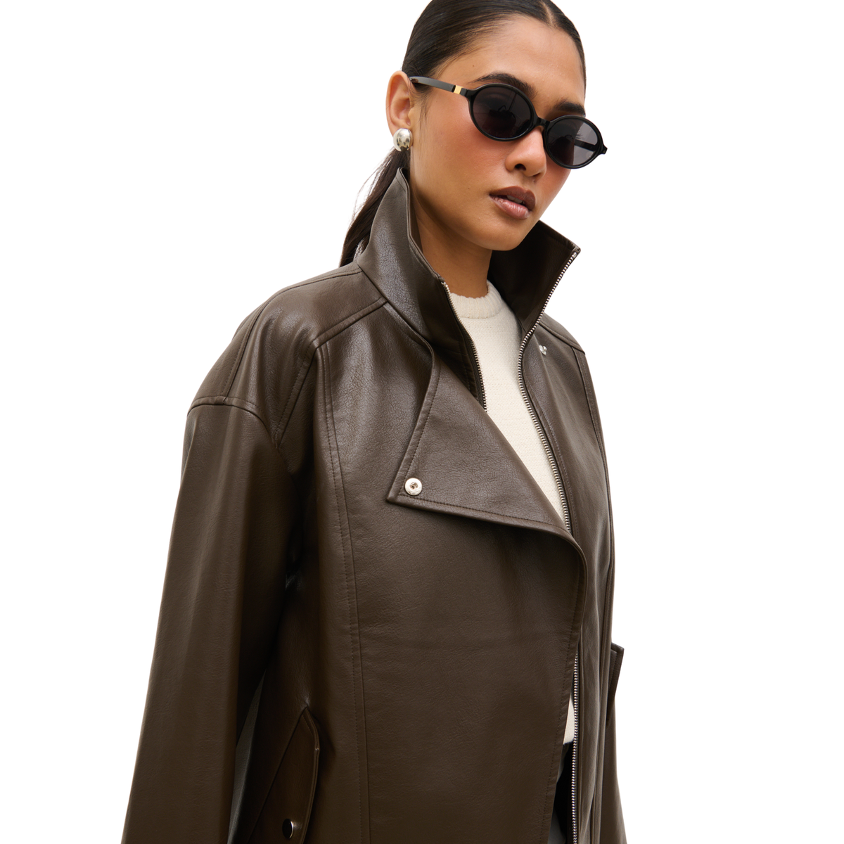 Womens Pretty Lavish Chocolate Lyla Faux Leather Bomber Jacket