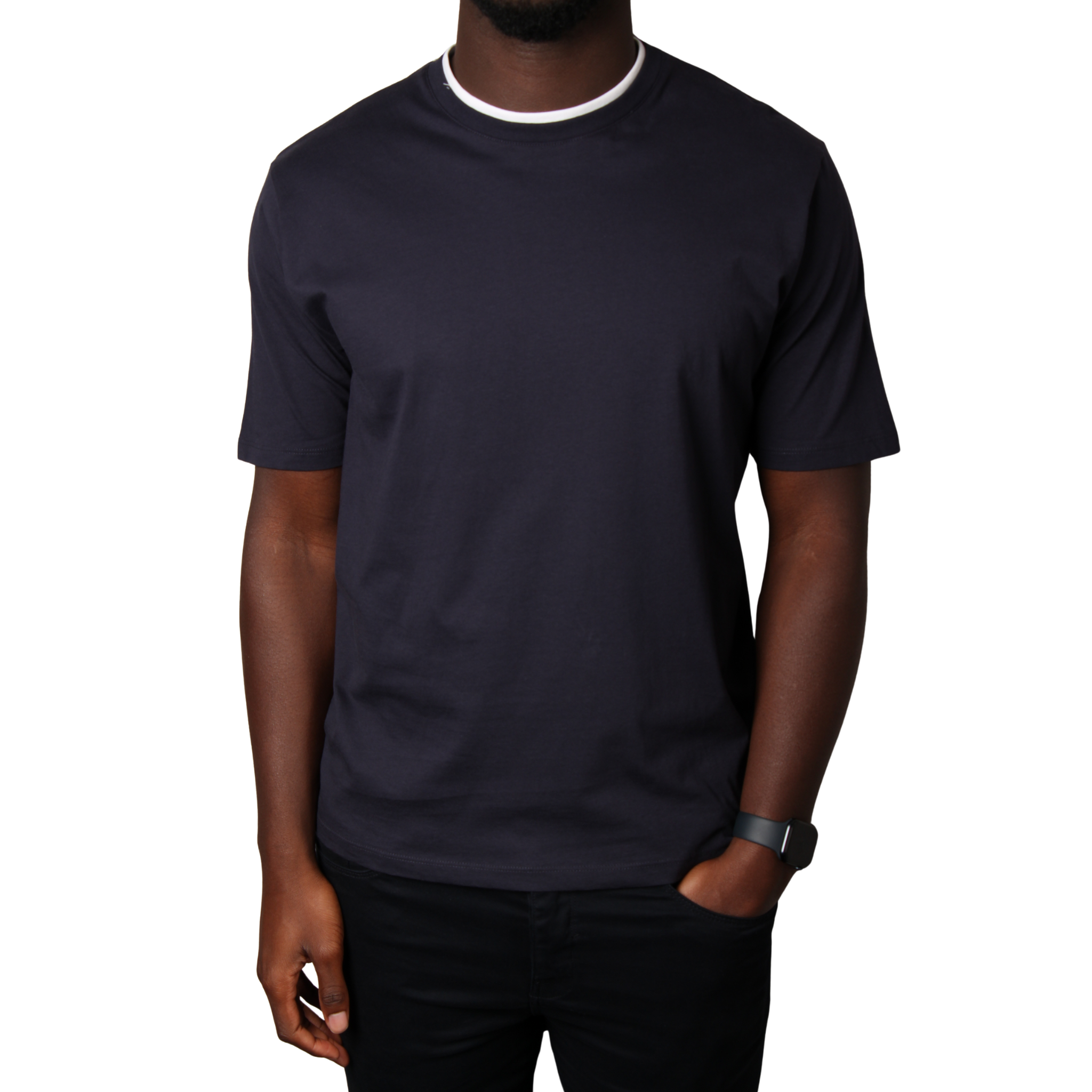 Mens SEINSE Navy/White Double Collar Neck S/s T Shirt