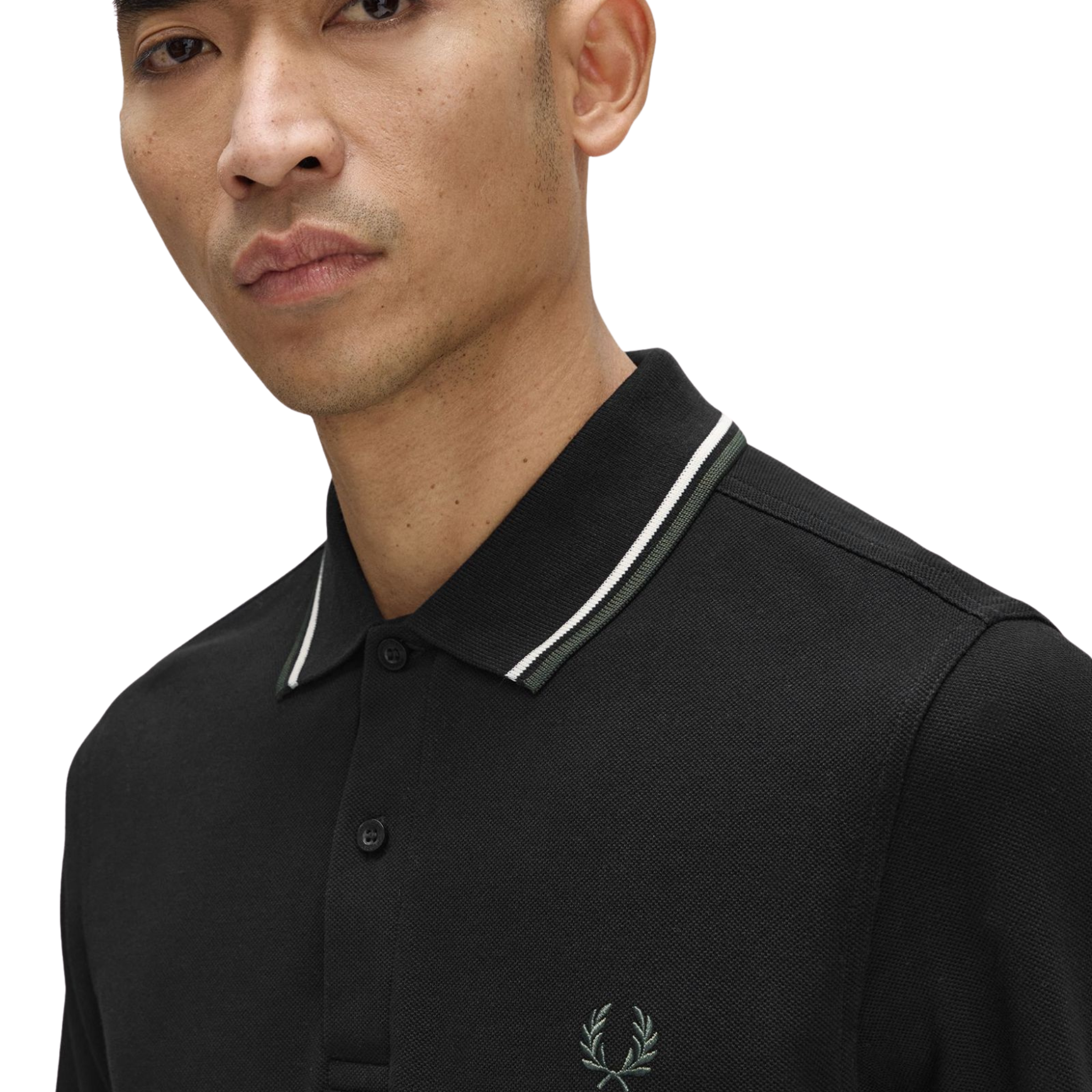 Mens Fred Perry Black/Ecru/Laurel Green Twin Tipped L/s Polo