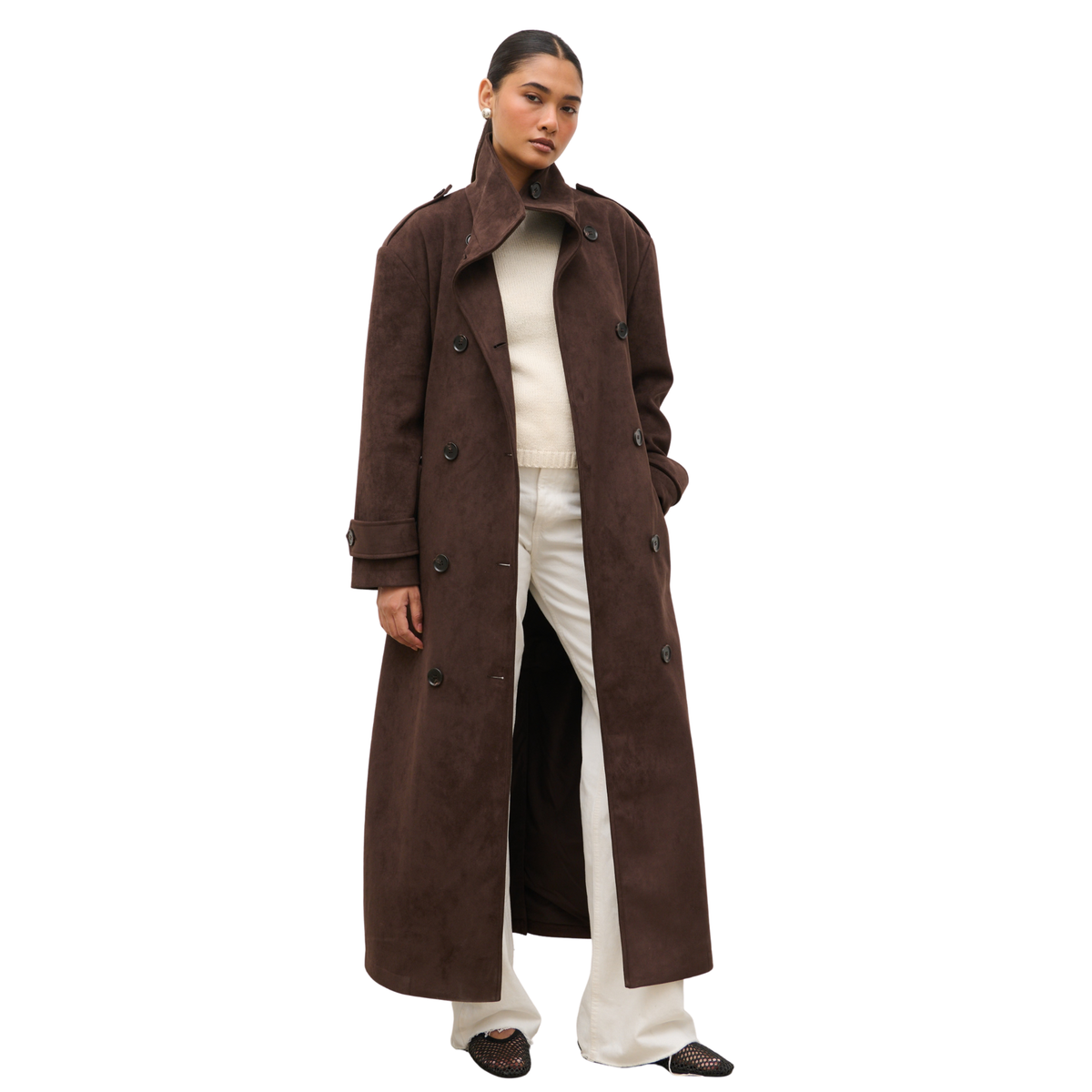Womens Pretty Lavish Chocolate Leah Faux Suede Trench Coat