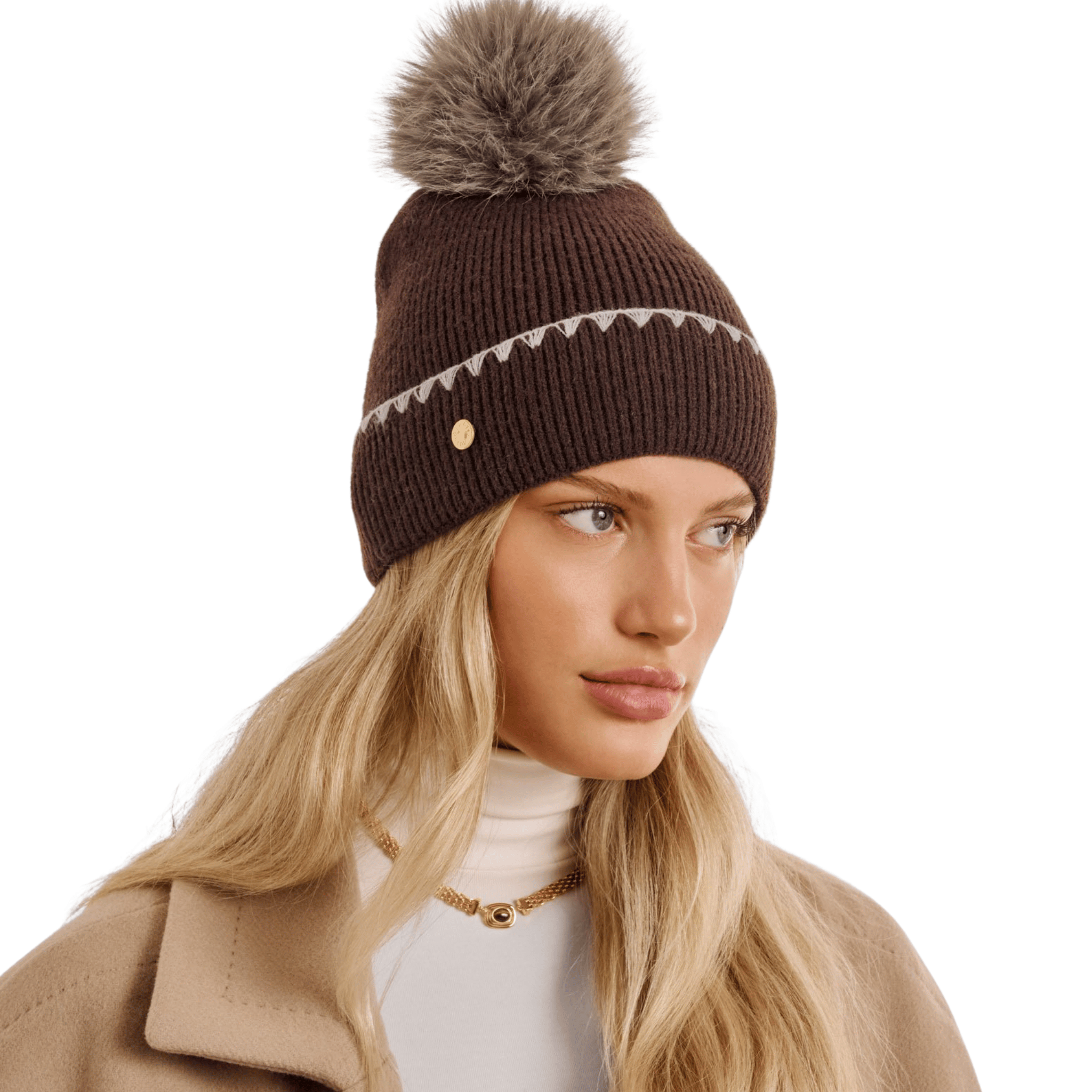 Womens Katie Loxton Chocolate Whipstitch Pom Knitted Hat