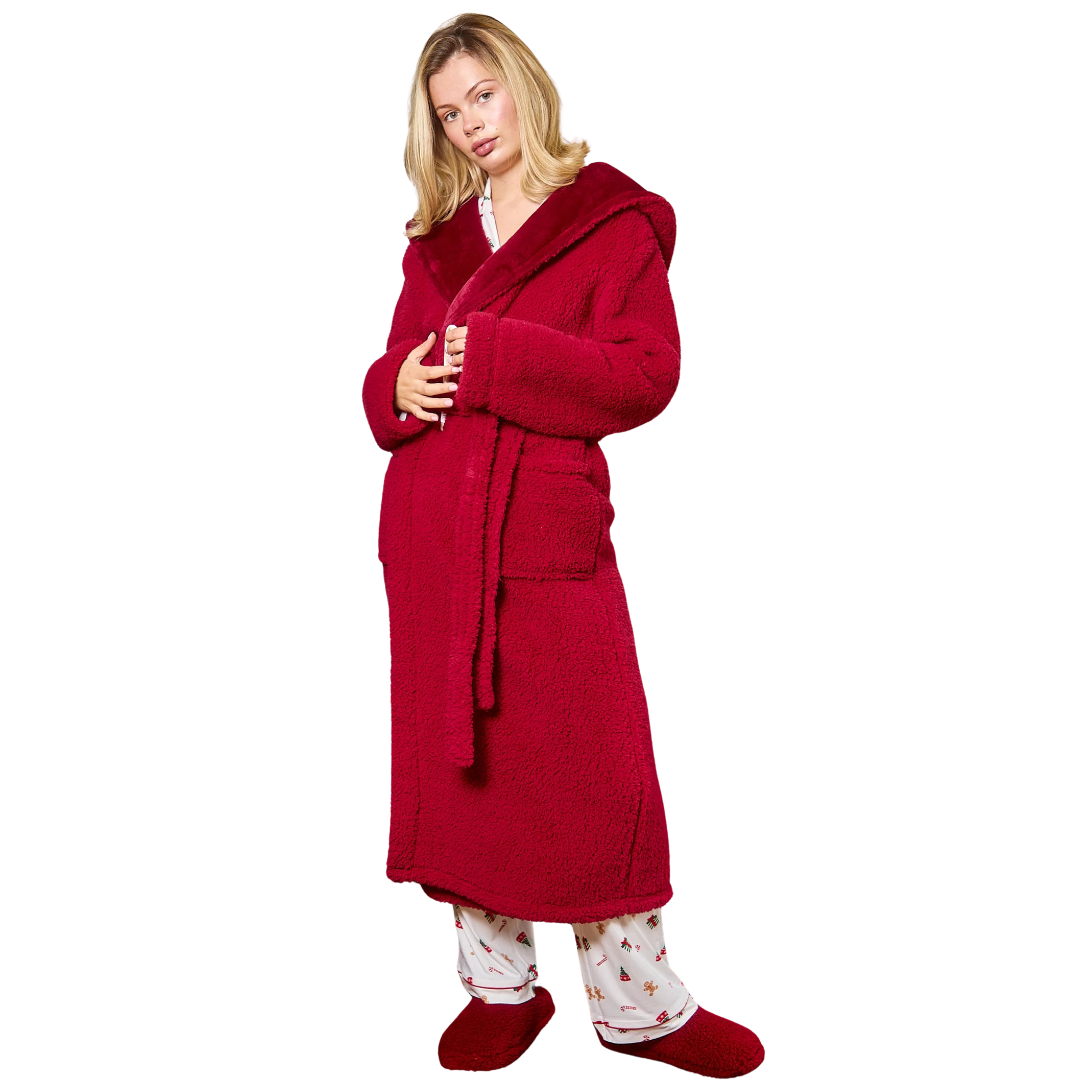 Womens Burgundy Sherpa Maxi Robe With Luxury Fleece Lined Hood