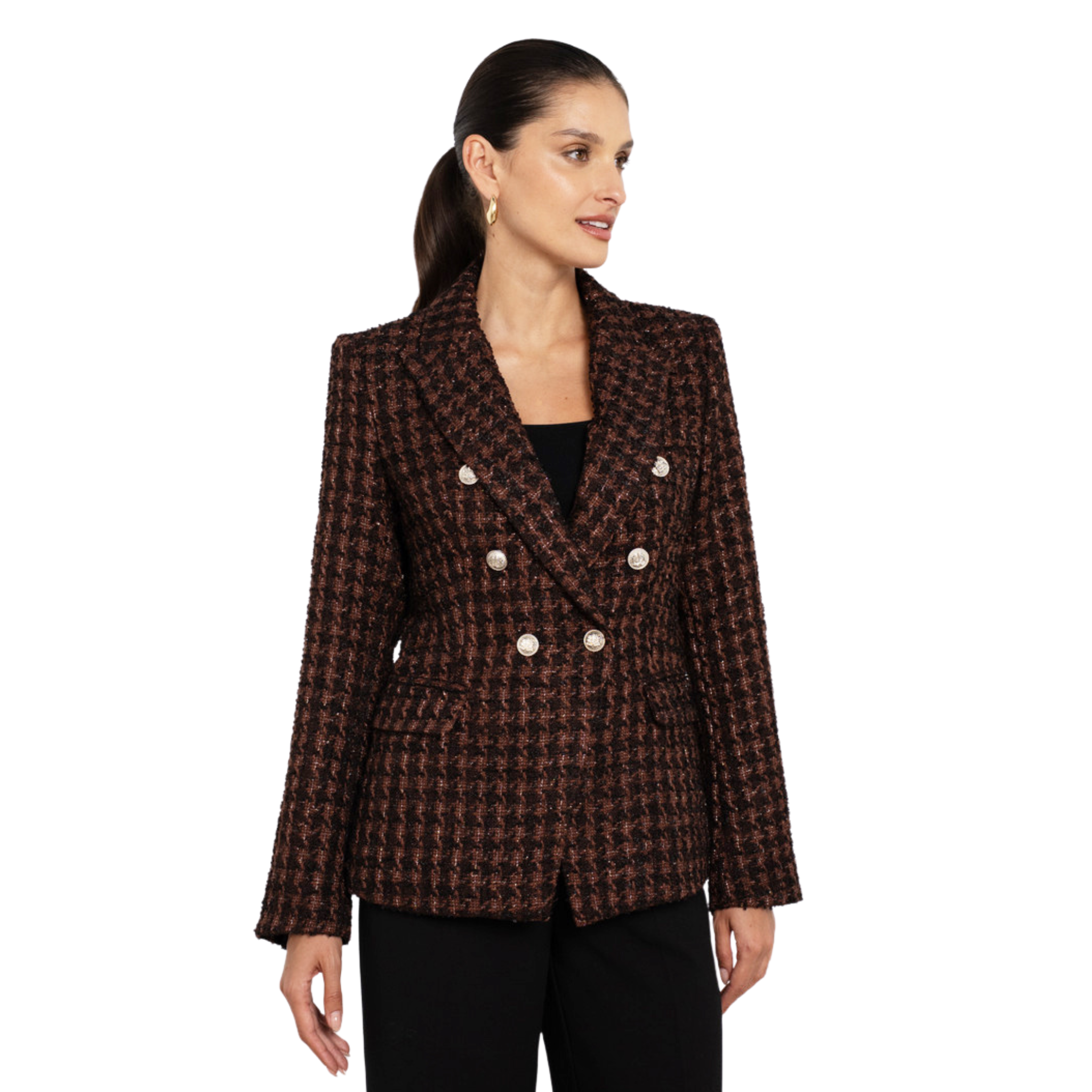 Womens Attentif Brown Houndstooth Tweed Blazer