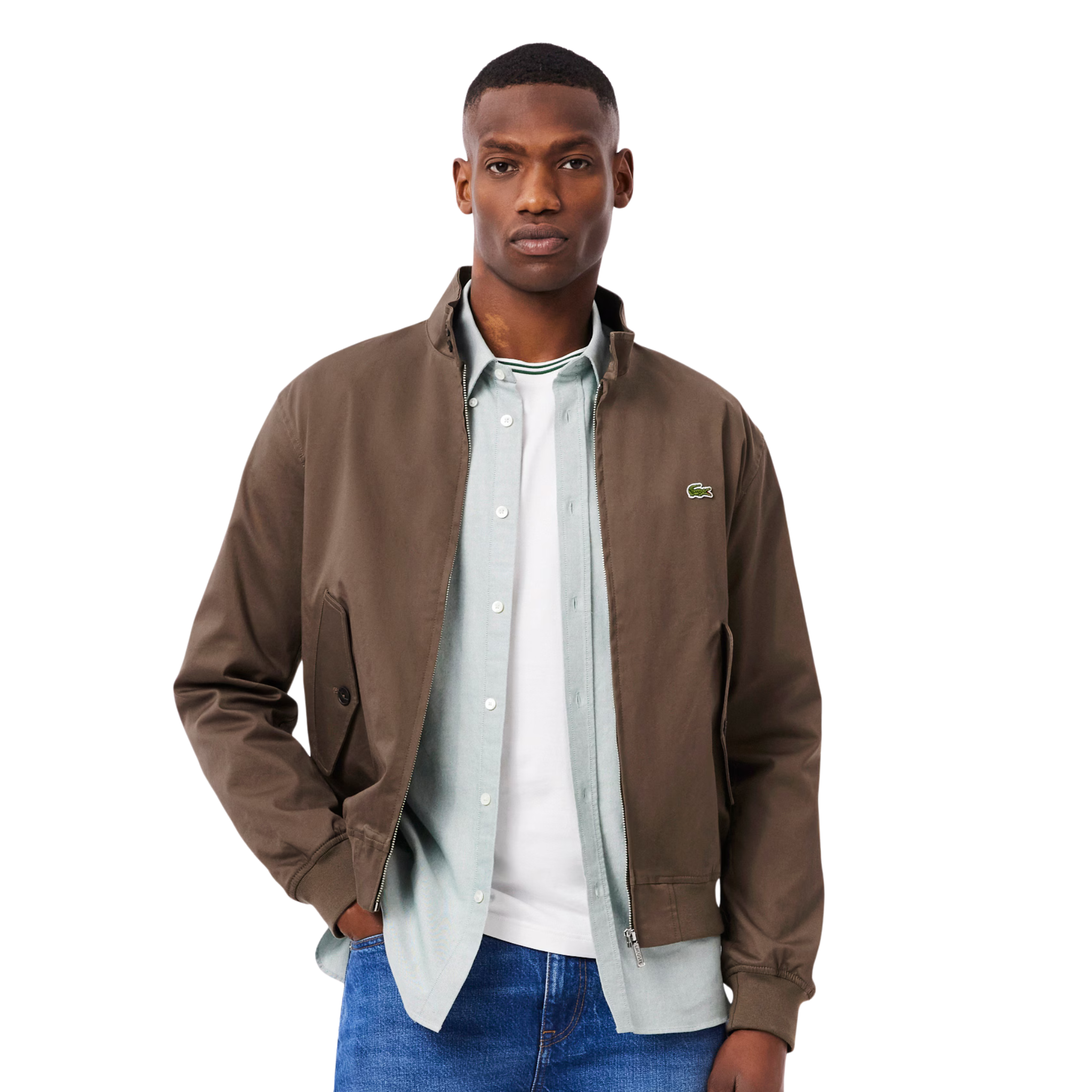Mens Lacoste Brown Waterproof Twill Harrington Jacket