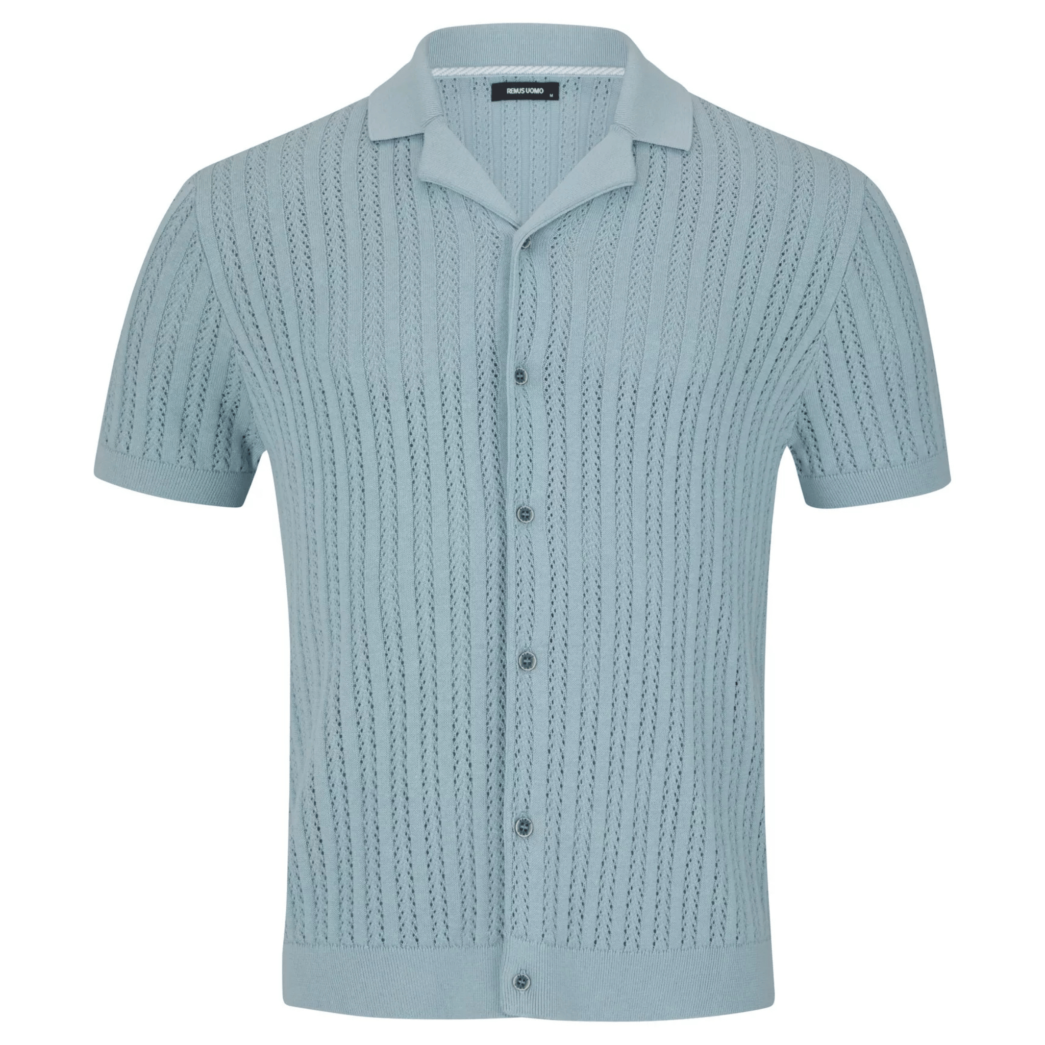 Mens Remus Uomo Sky Blue Open Weave Knitted S/s Shirt