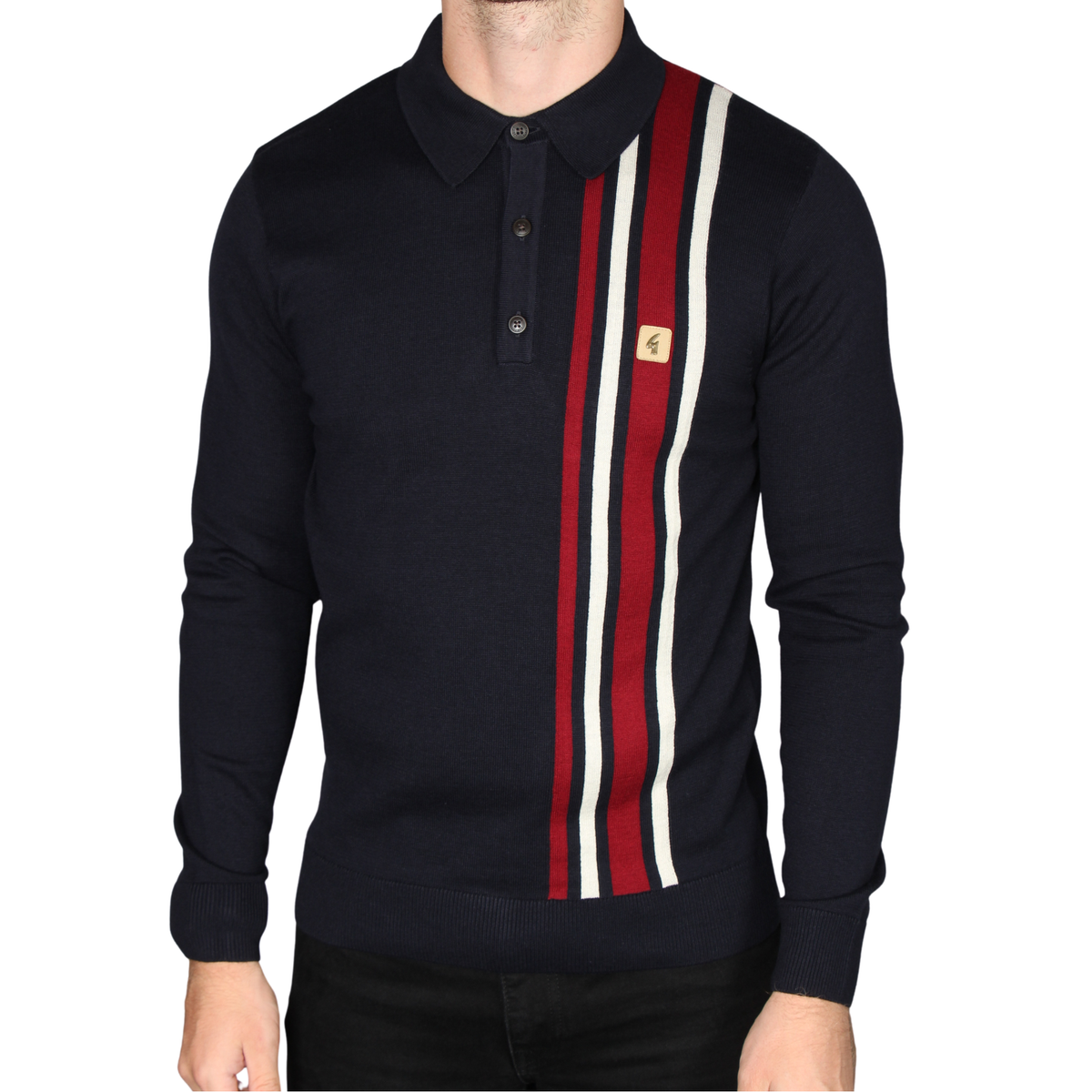 Mens Gabicci Vintage Navy Soda Stripe Knitted L/s Polo