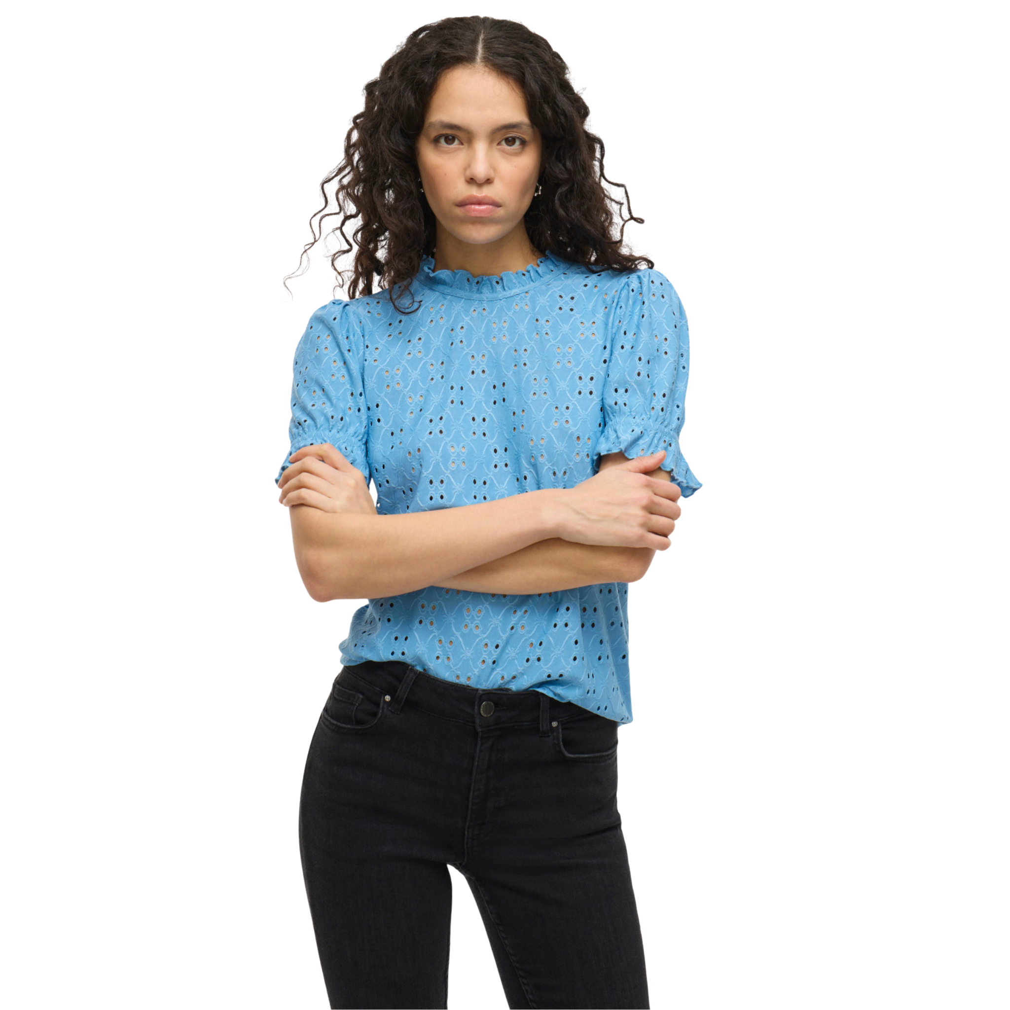 Womens Vila Blissful Blue Vikawa Flounce S/s Top