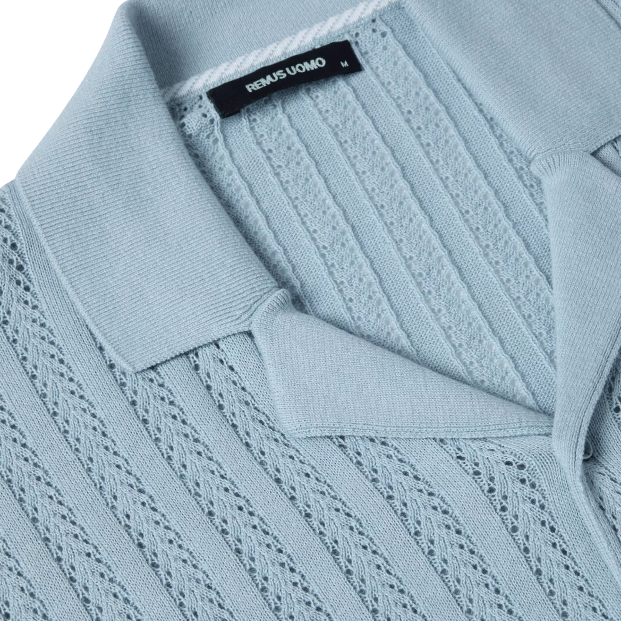 Mens Remus Uomo Sky Blue Open Weave Knitted S/s Shirt