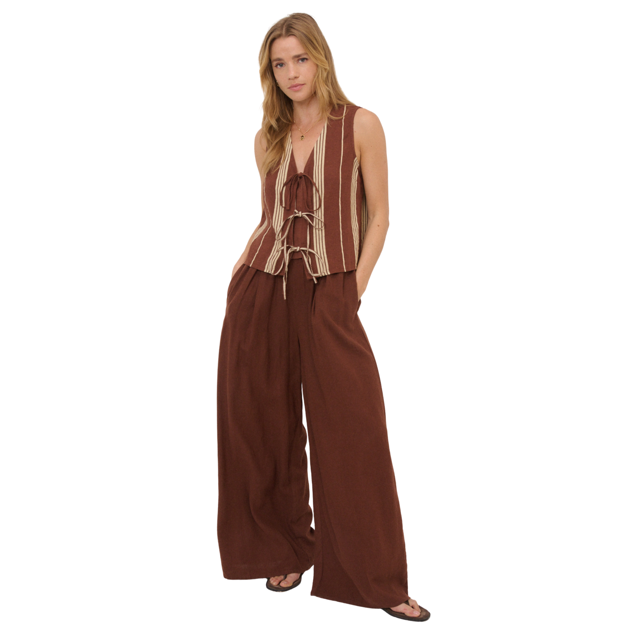 Womens Nobody's Child Brown Stripe Tessa Tie Front Top