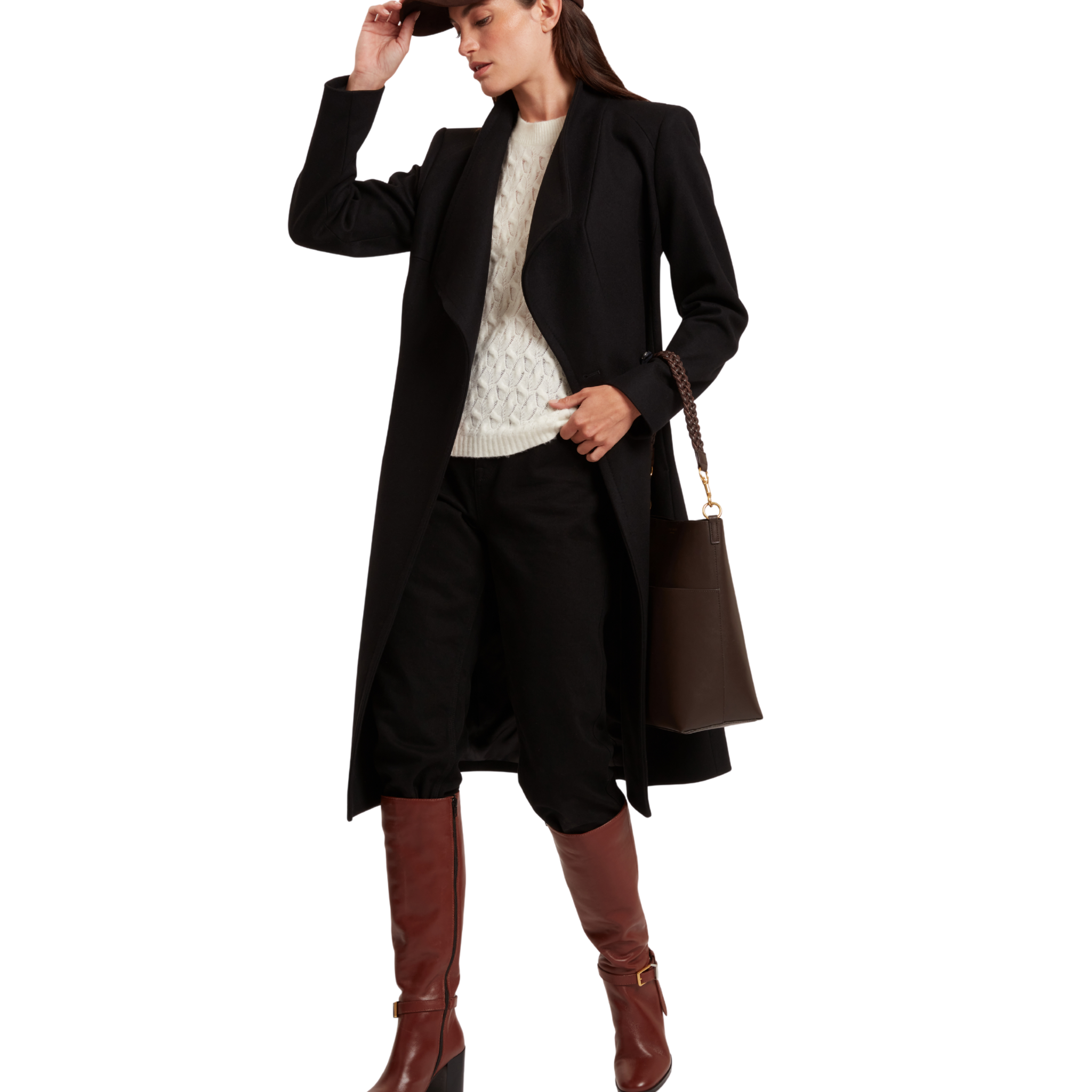 Womens Ted Baker Black Rose Mid Length Belted Wool Wrap Coat