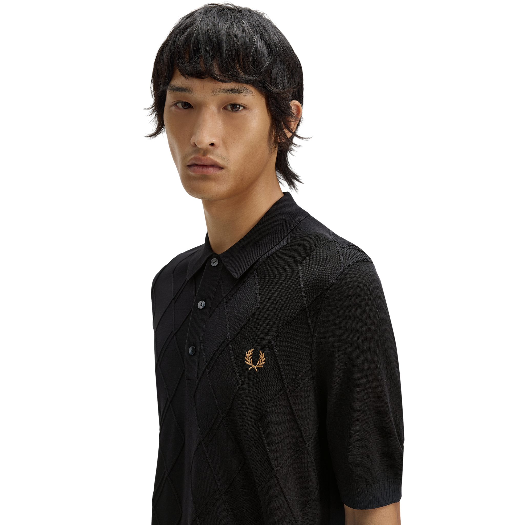 Mens Fred Perry Black Cable Knitted S/s Polo Shirt