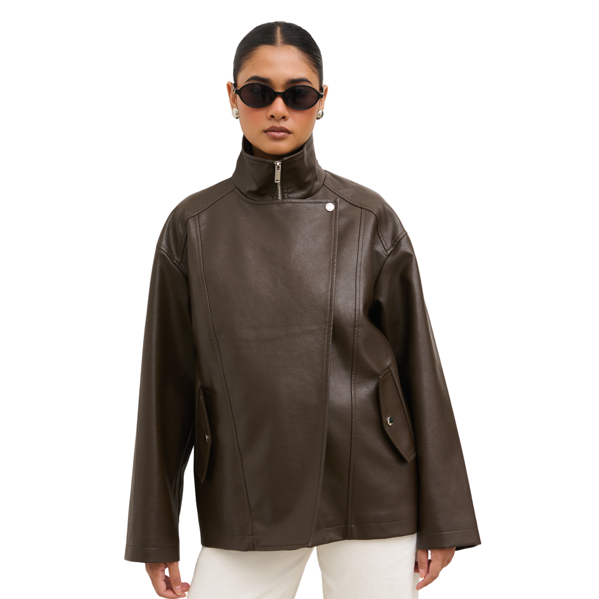 Womens Pretty Lavish Chocolate Lyla Faux Leather Bomber Jacket