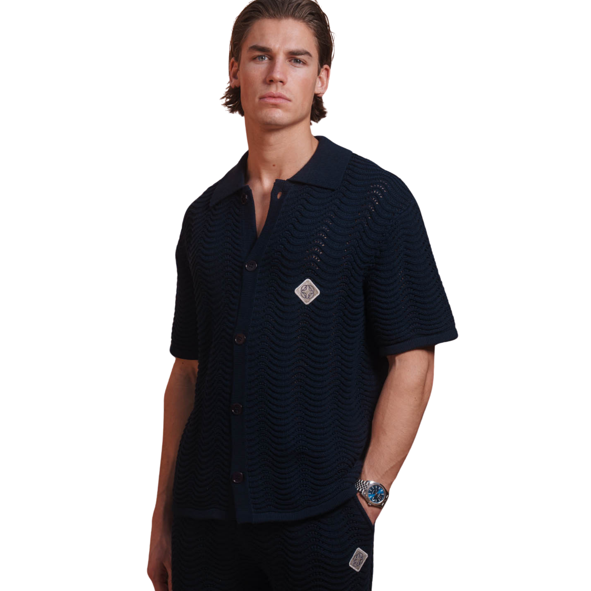 Mens Belier Navy Ocean Crochet S/s Shirt