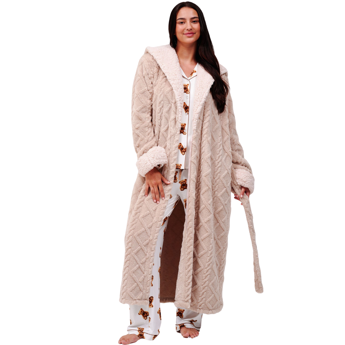 Womens Taupe Cable Knit Fleece Maxi Hooded Dressing Gown
