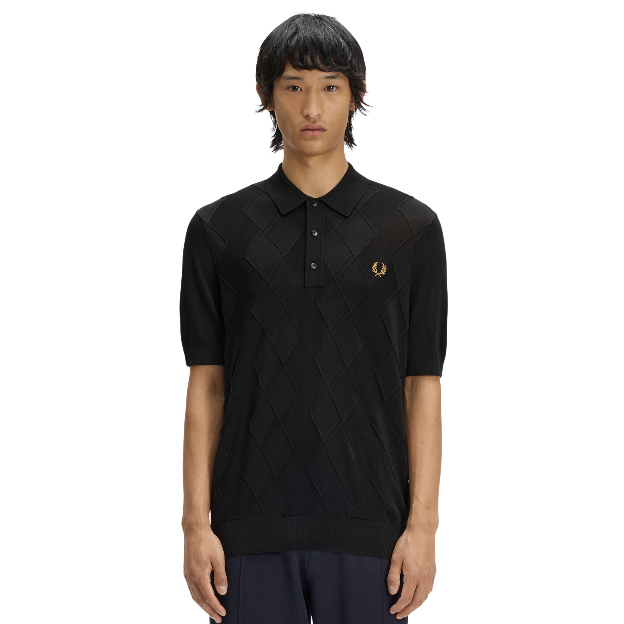 Mens Fred Perry Black Cable Knitted S/s Polo Shirt
