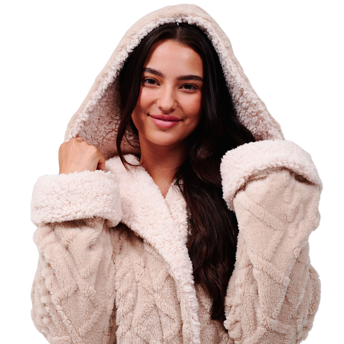 Womens Taupe Cable Knit Fleece Maxi Hooded Dressing Gown