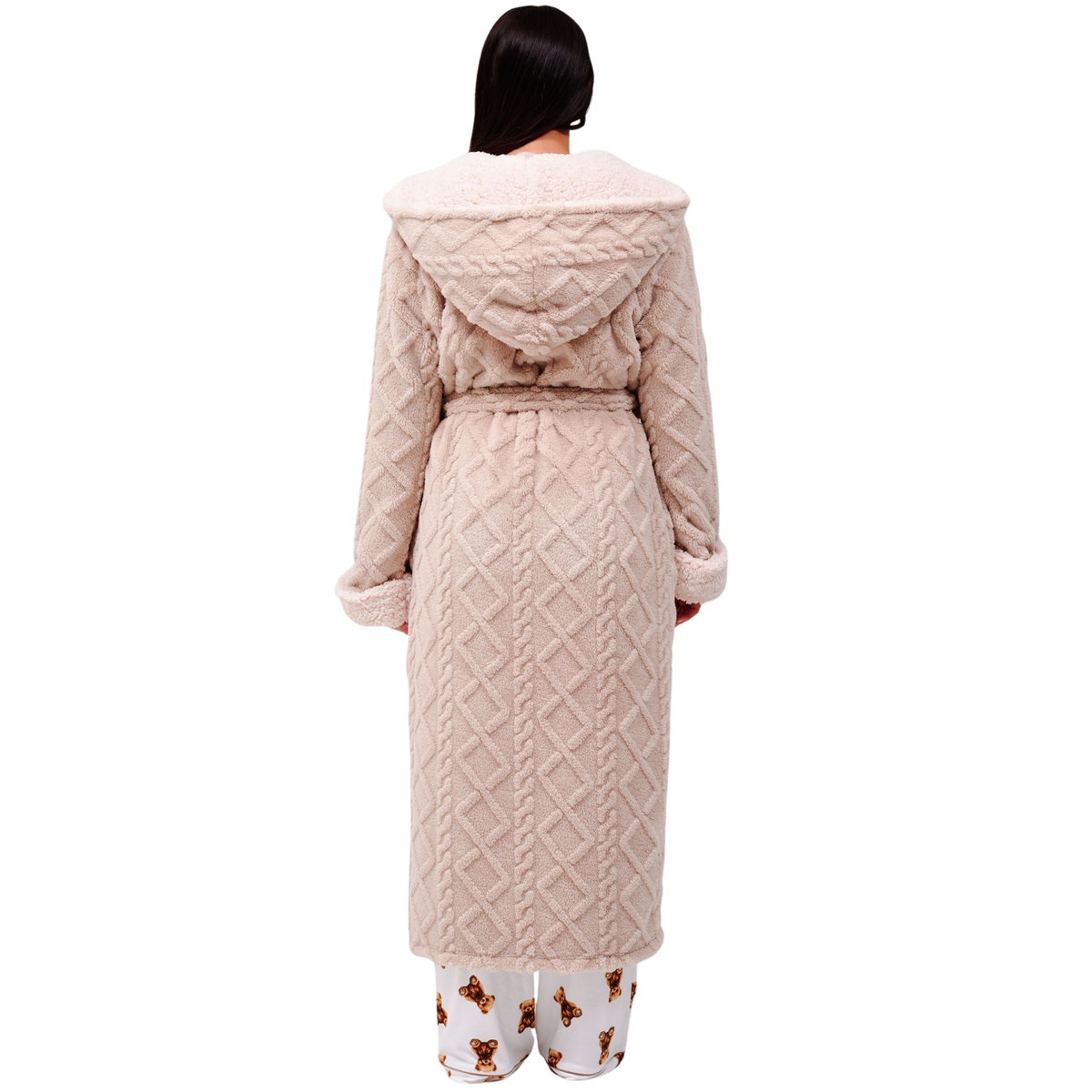 Womens Taupe Cable Knit Fleece Maxi Hooded Dressing Gown