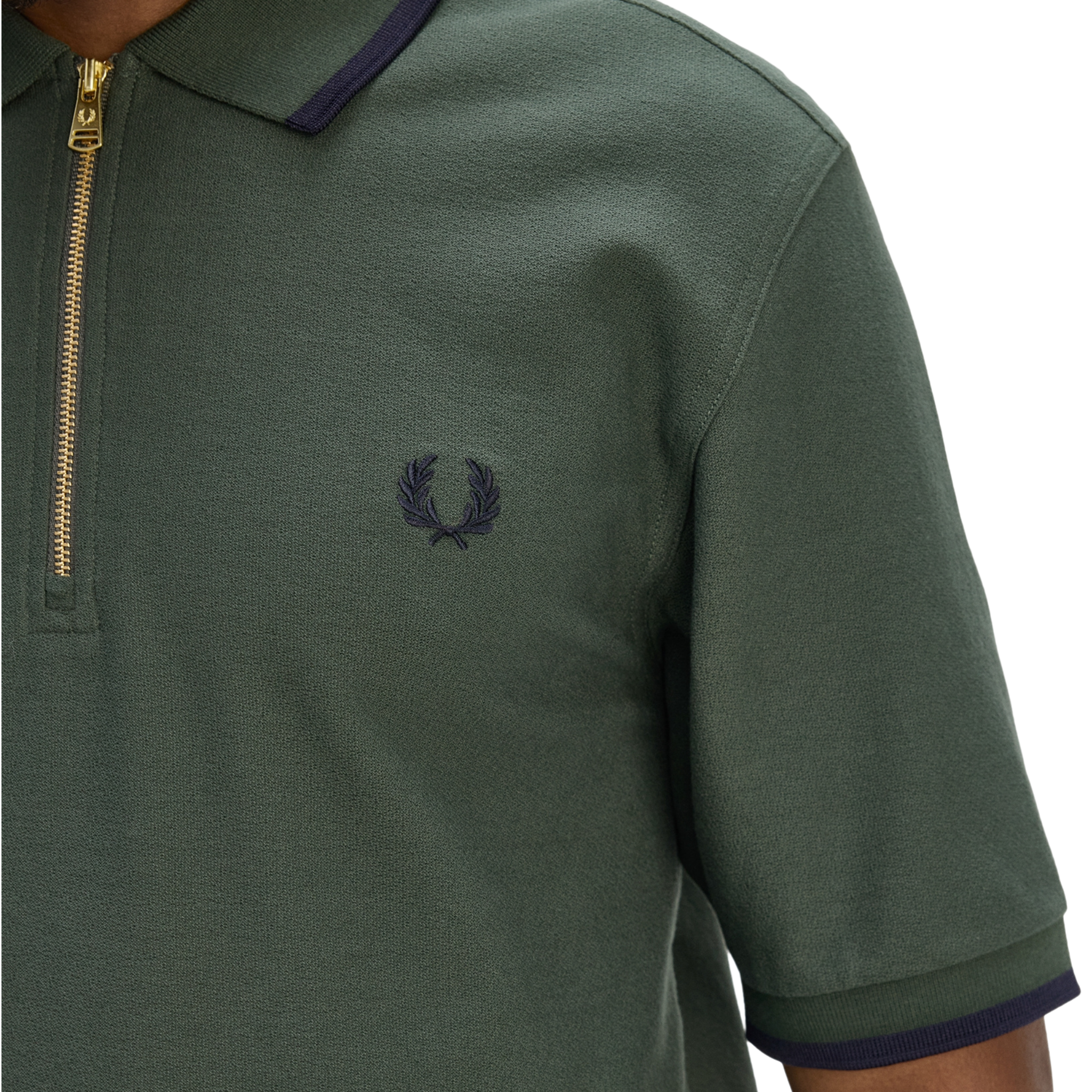 Mens Fred Perry Court Green Crepe Pique Zip Neck S/s Polo