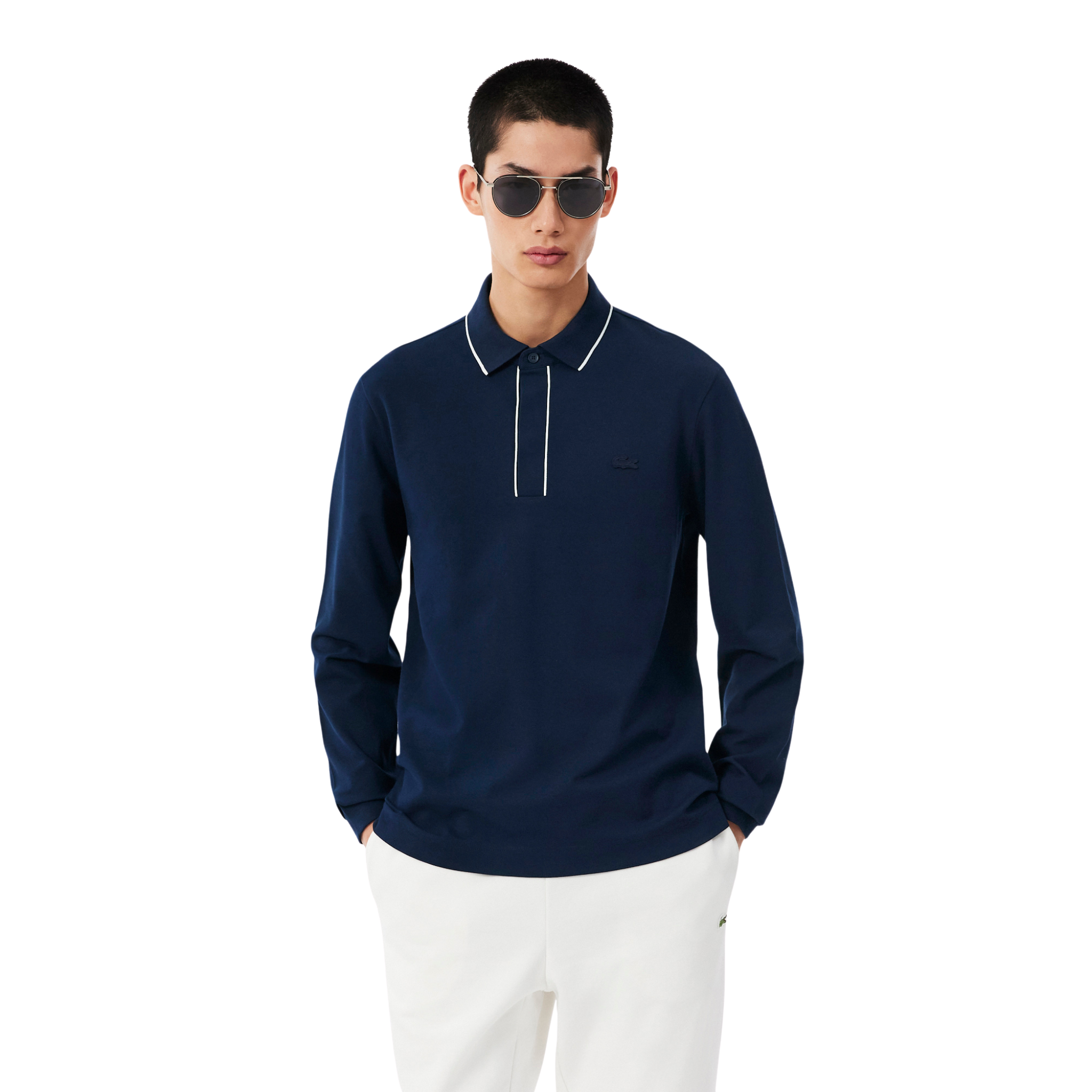 Mens Lacoste Navy Blue Tipped Branded Reg Fit L/s Polo