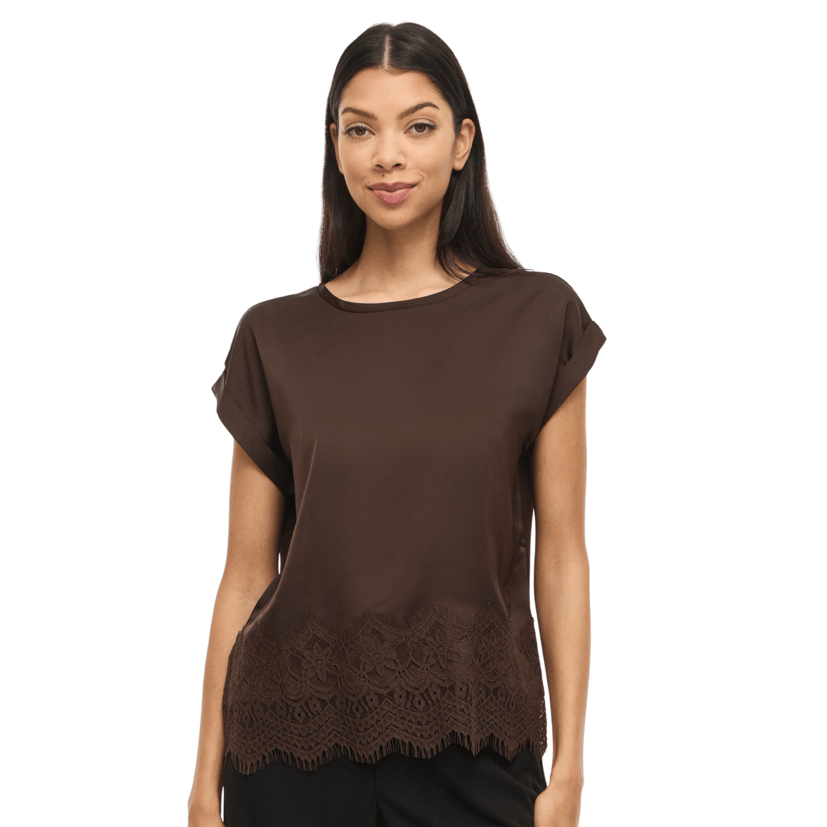 Womens Vila Coffee Bean Viellette Satin Lace Top