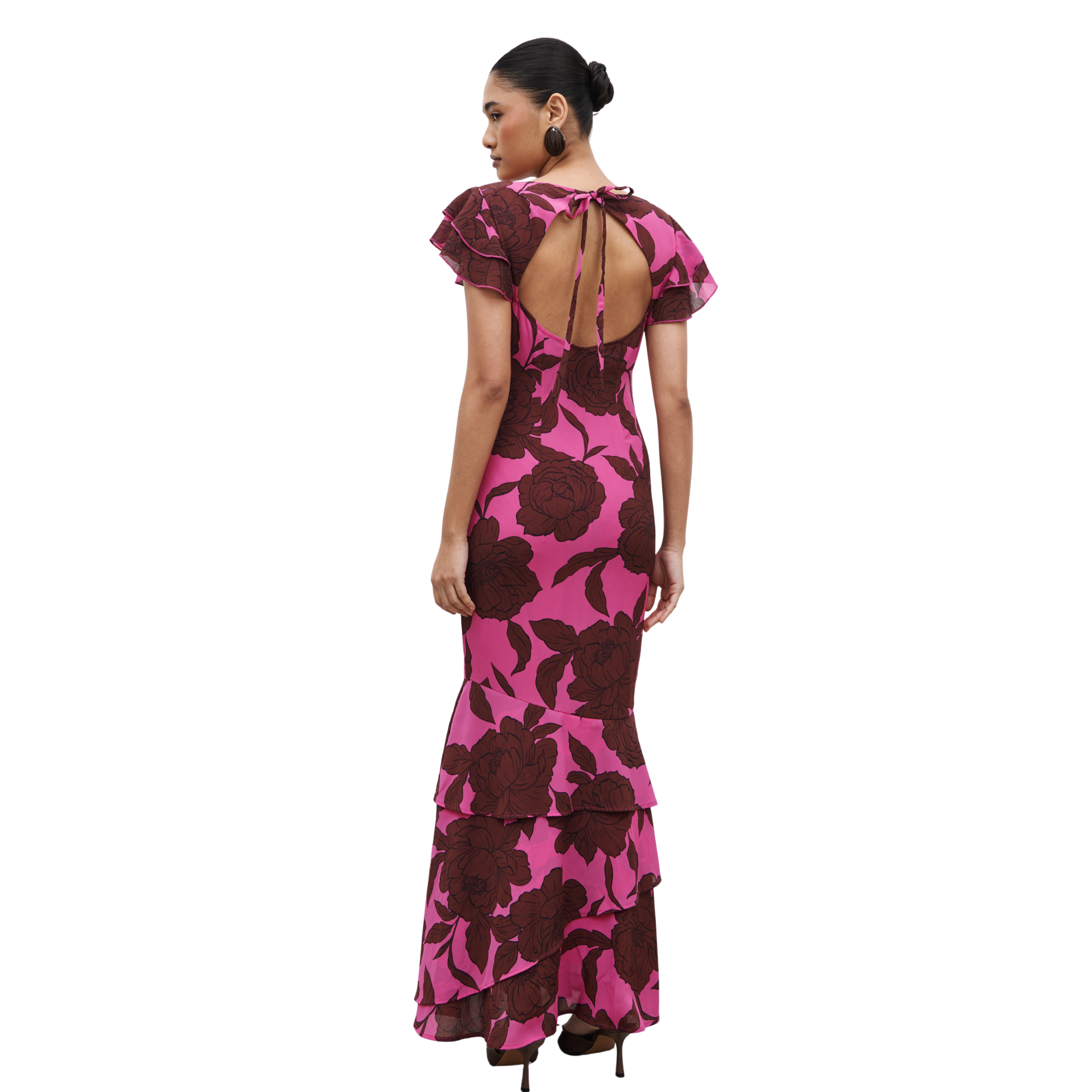 Womens Pretty Lavish Brown/Fuchsia Floral Ester Ruffle Maxi Dress