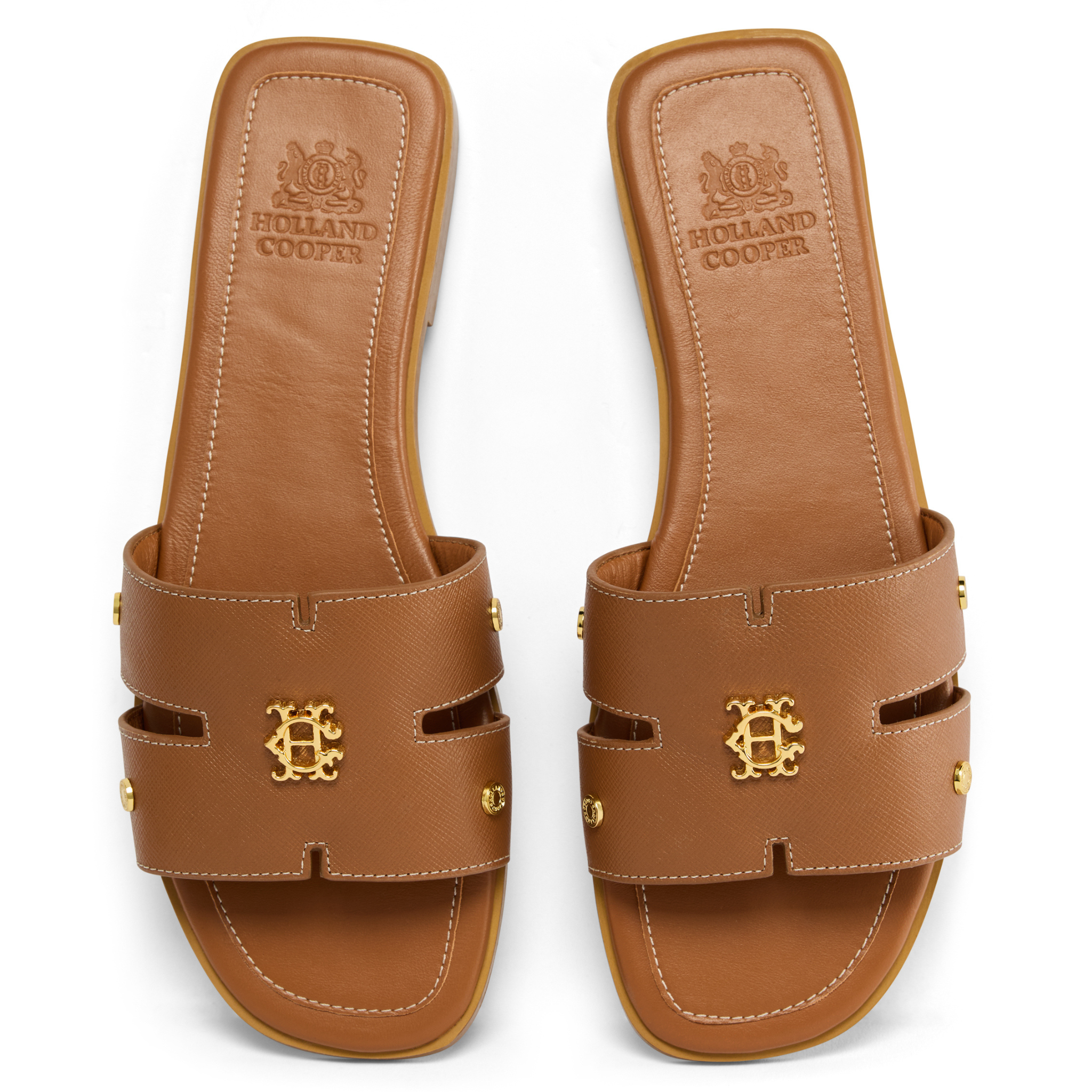 Womens Holland Cooper Tan Saffiano Heraldic Monogram Slides