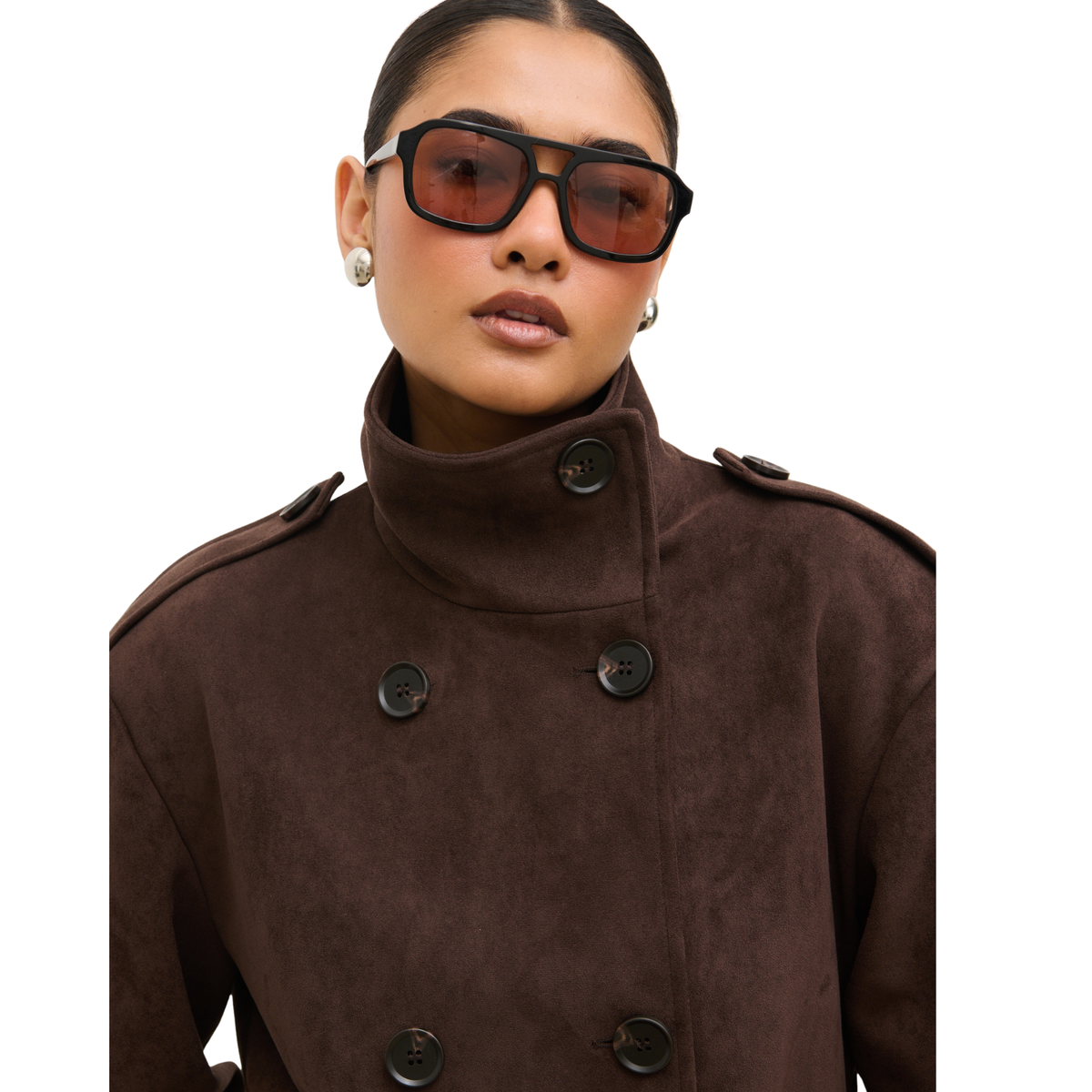 Womens Pretty Lavish Chocolate Leah Faux Suede Trench Coat