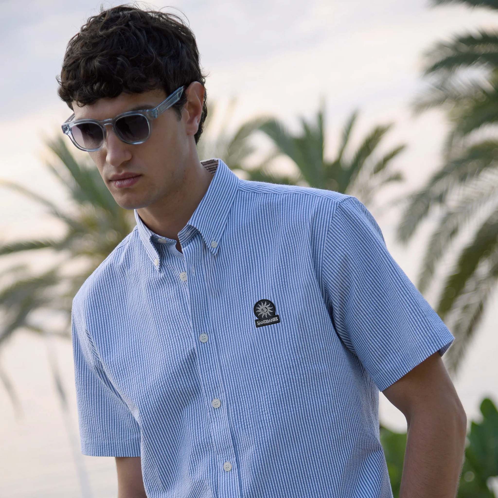 Mens Sandbanks Navy Seersucker S/s Shirt