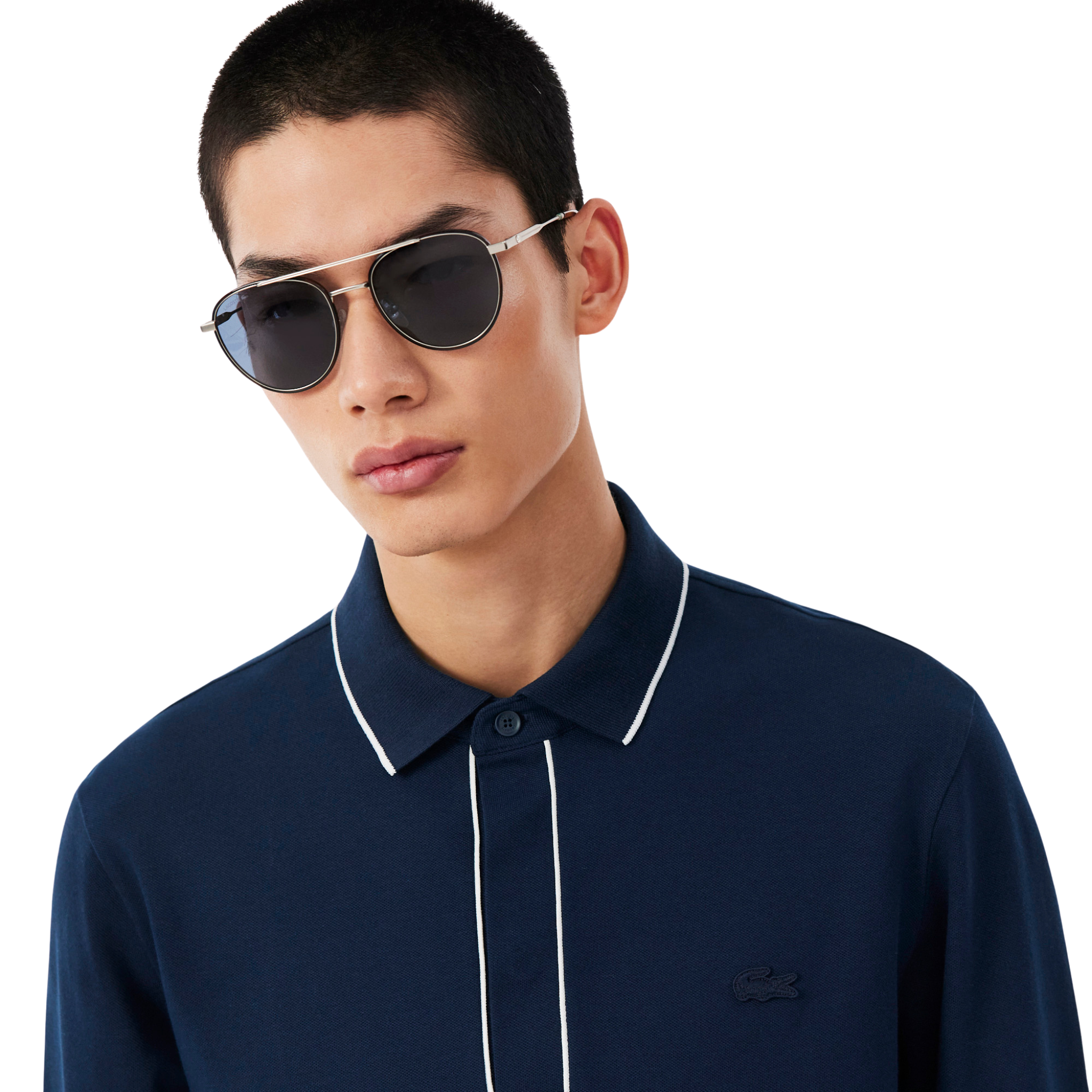 Mens Lacoste Navy Blue Tipped Branded Reg Fit L/s Polo