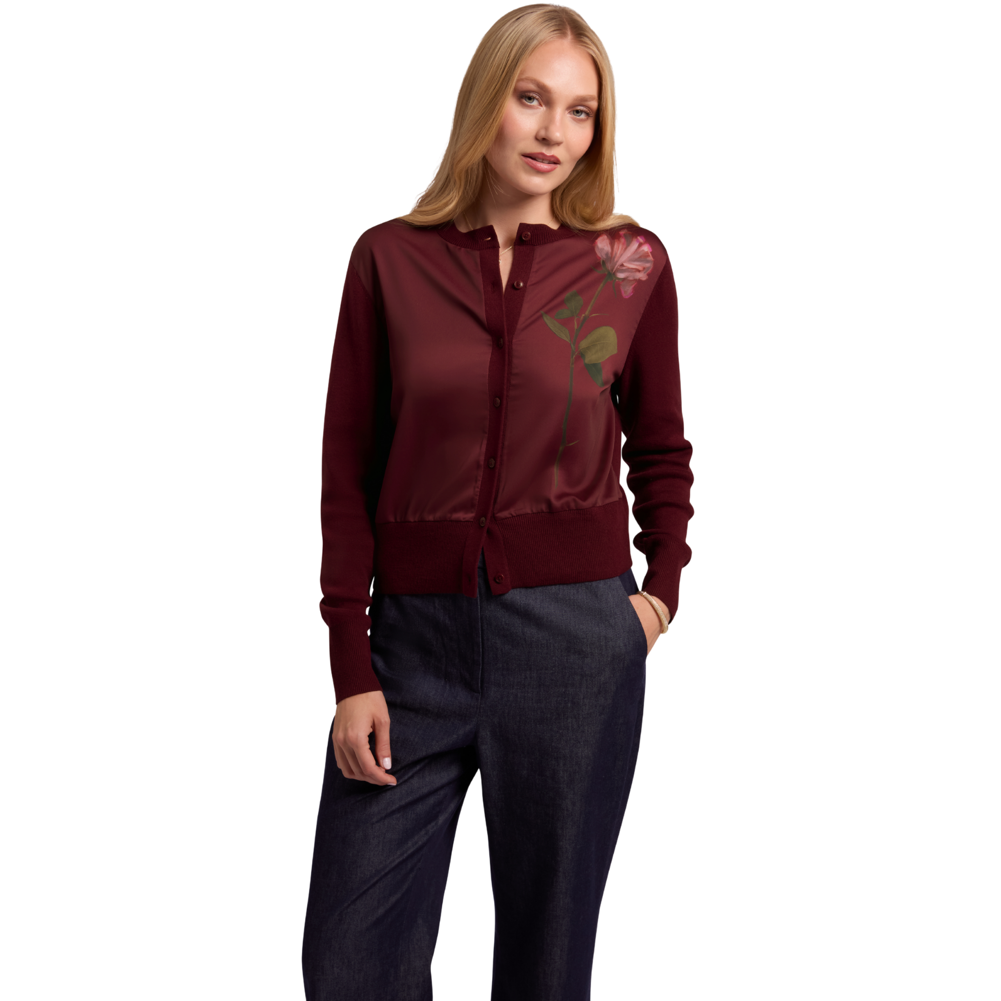 Womens Ted Baker Maroon Nolya Floral Printed Woven Front Cardigan