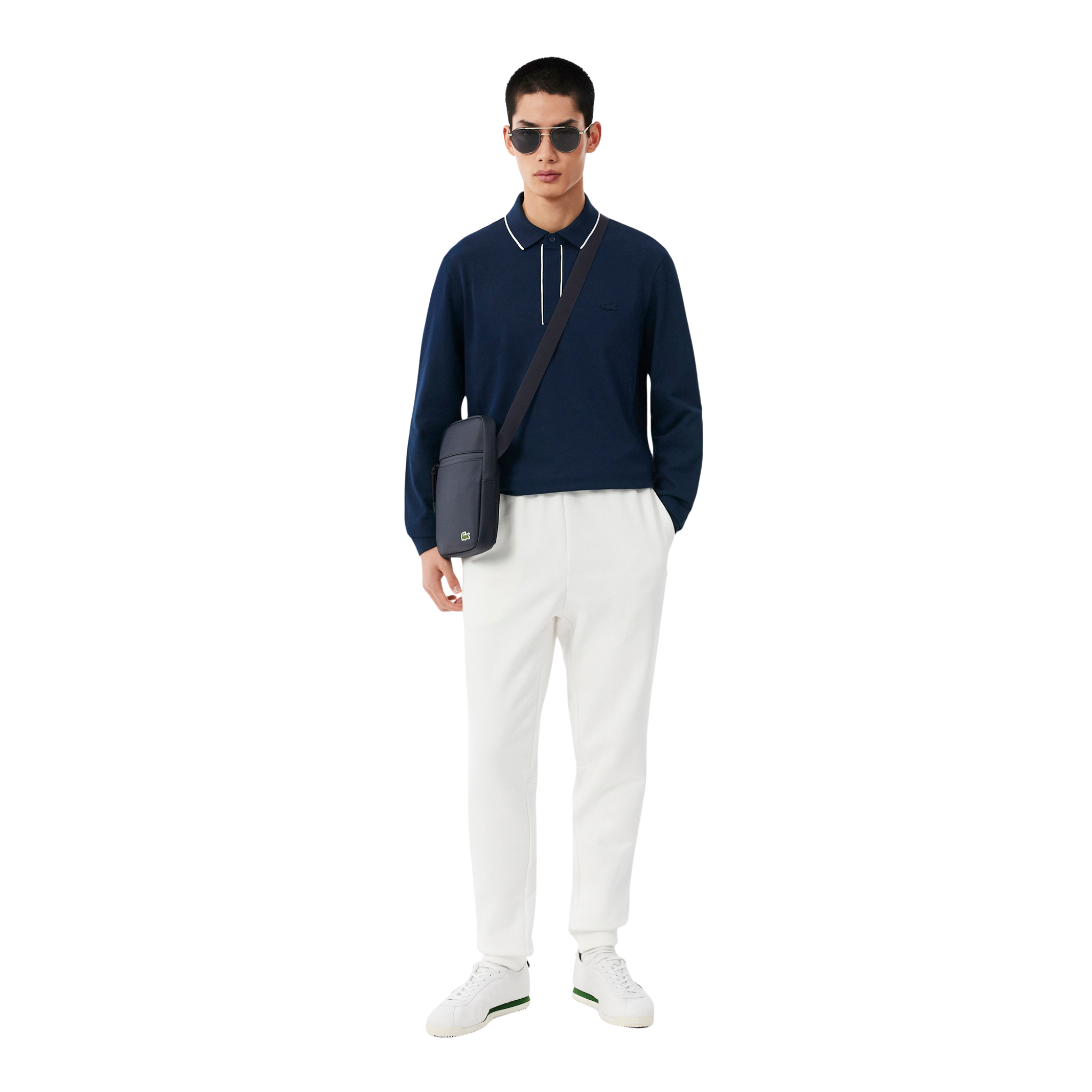 Mens Lacoste Navy Blue Tipped Branded Reg Fit L/s Polo