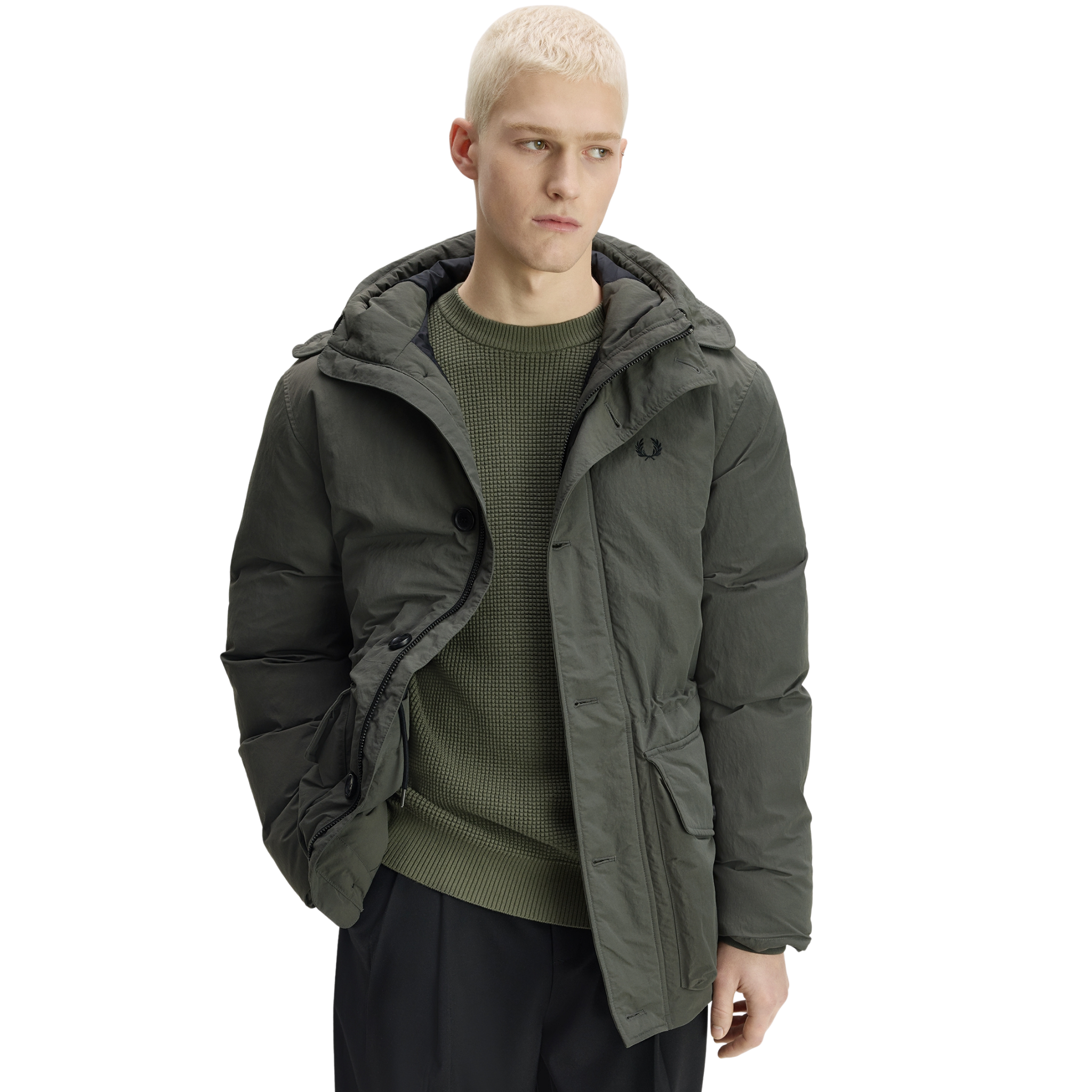 Mens Fred Perry Field Green Padded Patch Pocket Parka