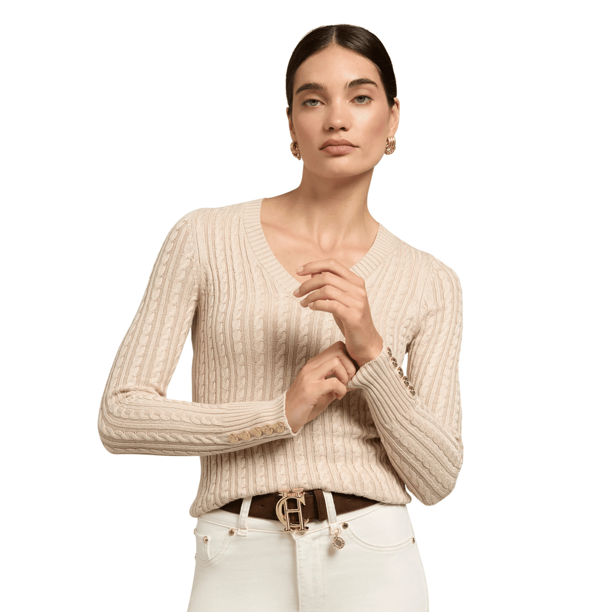 Womens Holland Cooper Oatmeal Seattle Cable V-Neck Knit