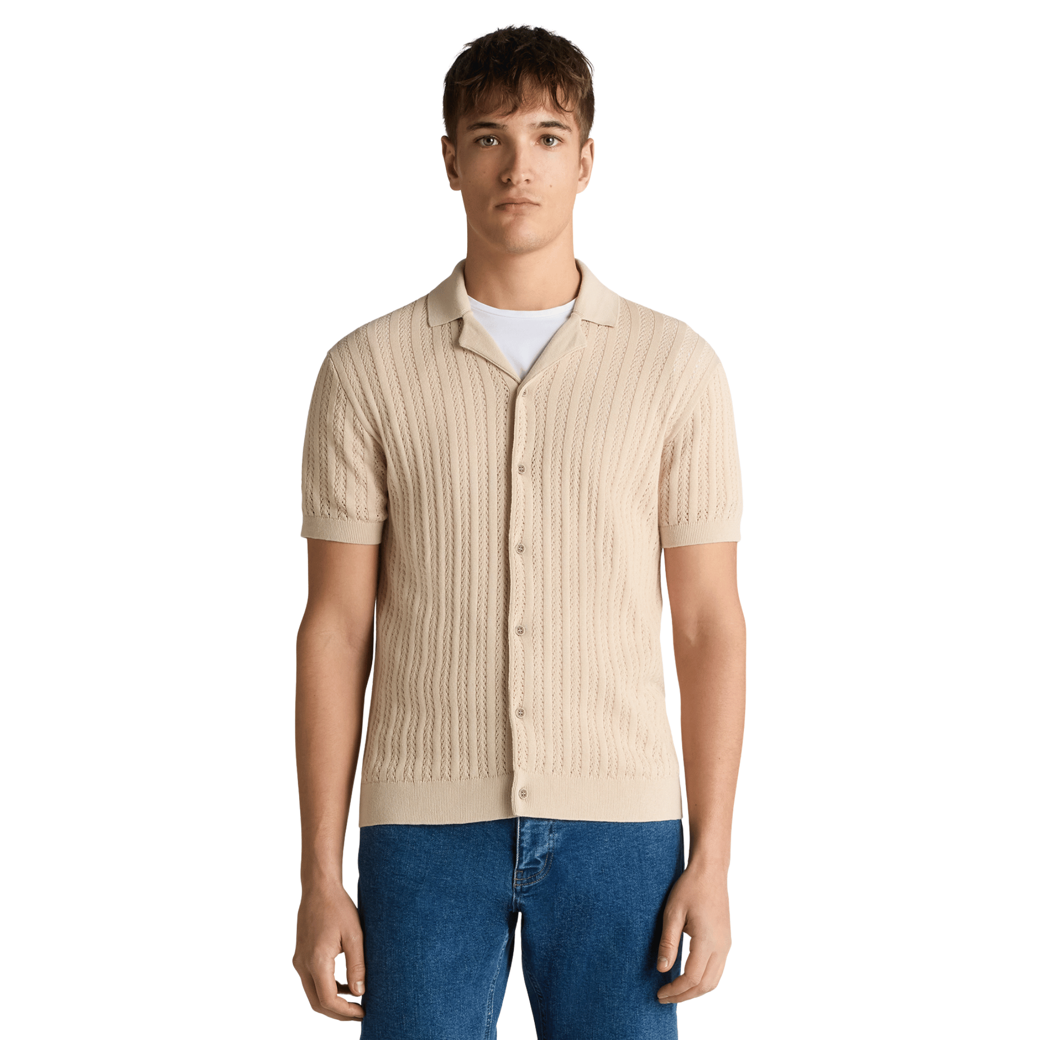 Mens Remus Uomo Stone Open Weave Knitted S/s Shirt