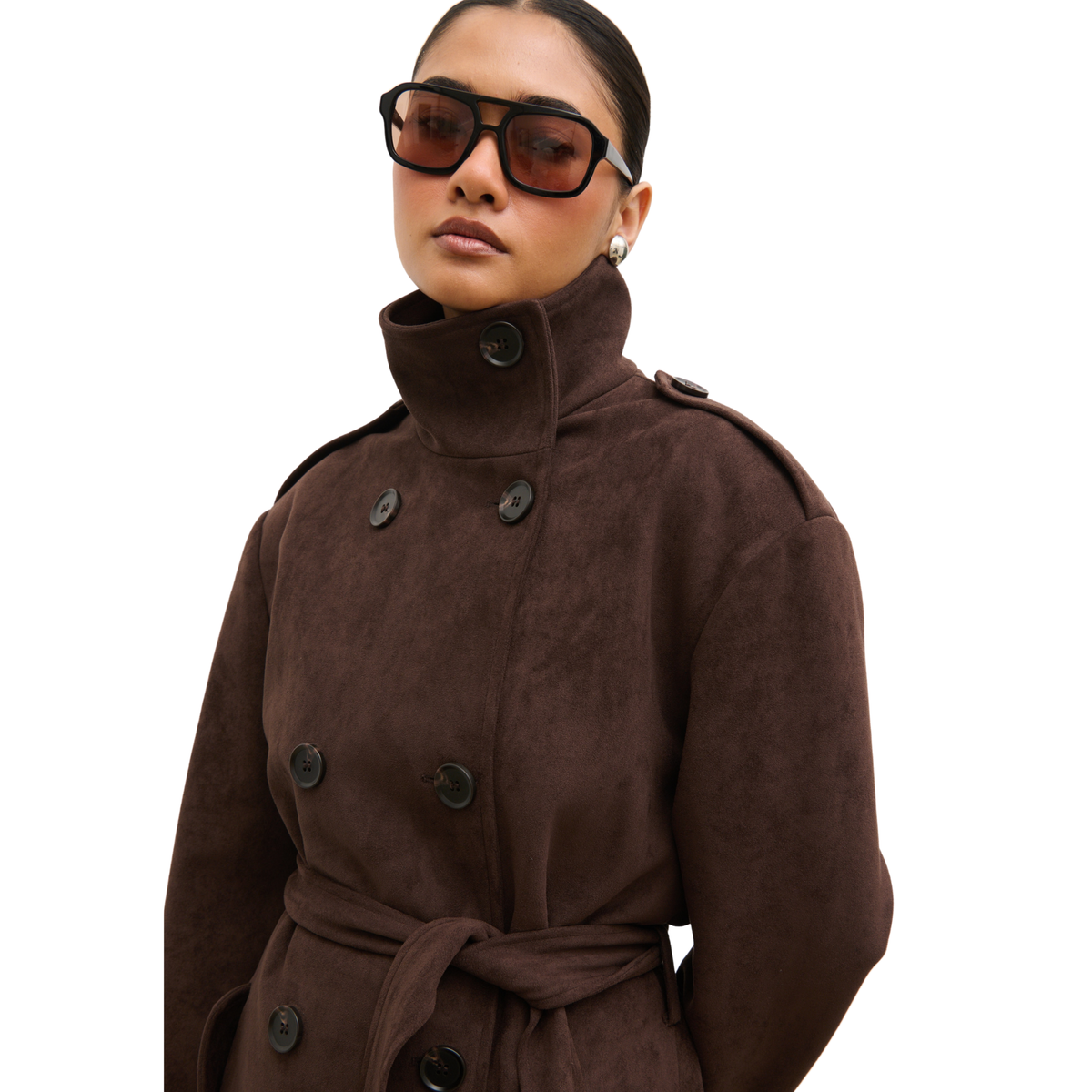 Womens Pretty Lavish Chocolate Leah Faux Suede Trench Coat