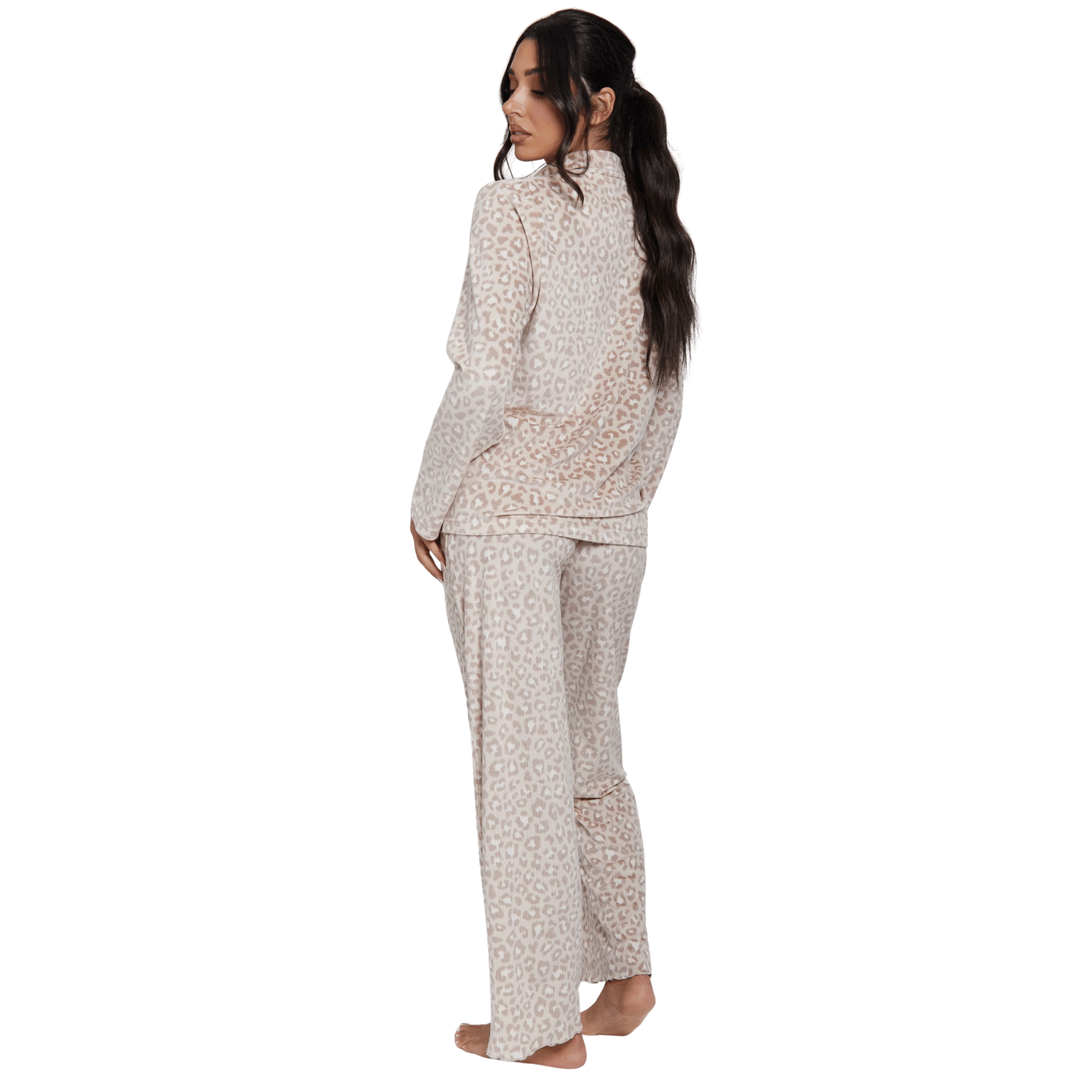 Womens Leopard Ribbed L/s Buttoned Pyjamas