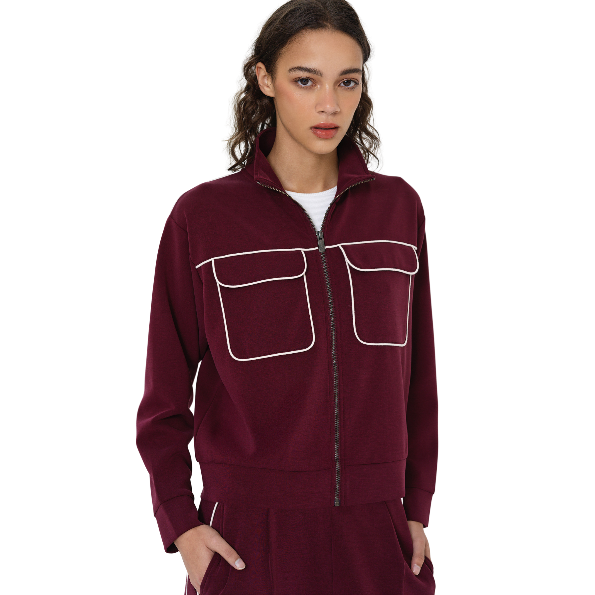 Womens French Connection Berry Red Wren Zip Sweat Jacket