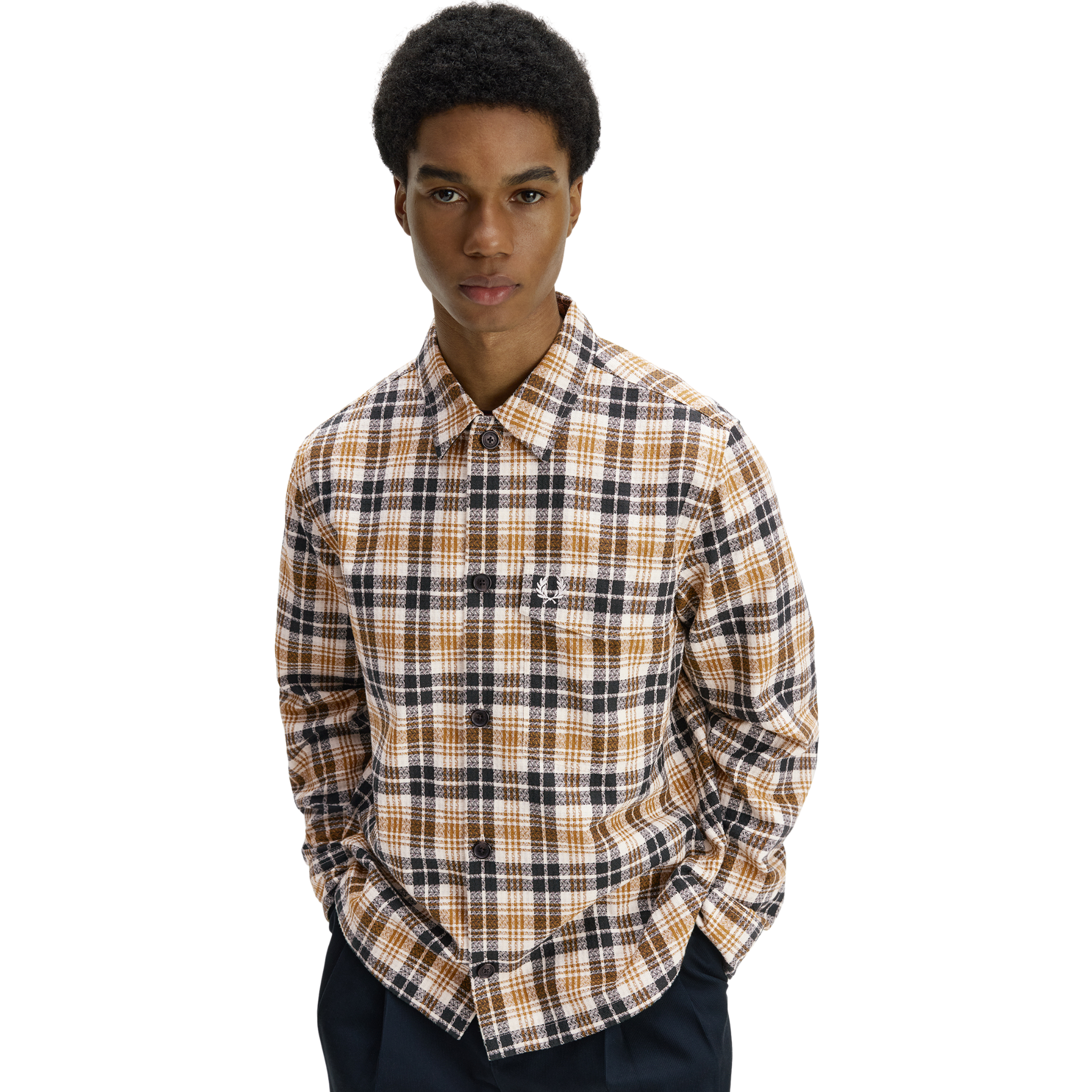 Mens Fred Perry Ecru Textured Check Overshirt