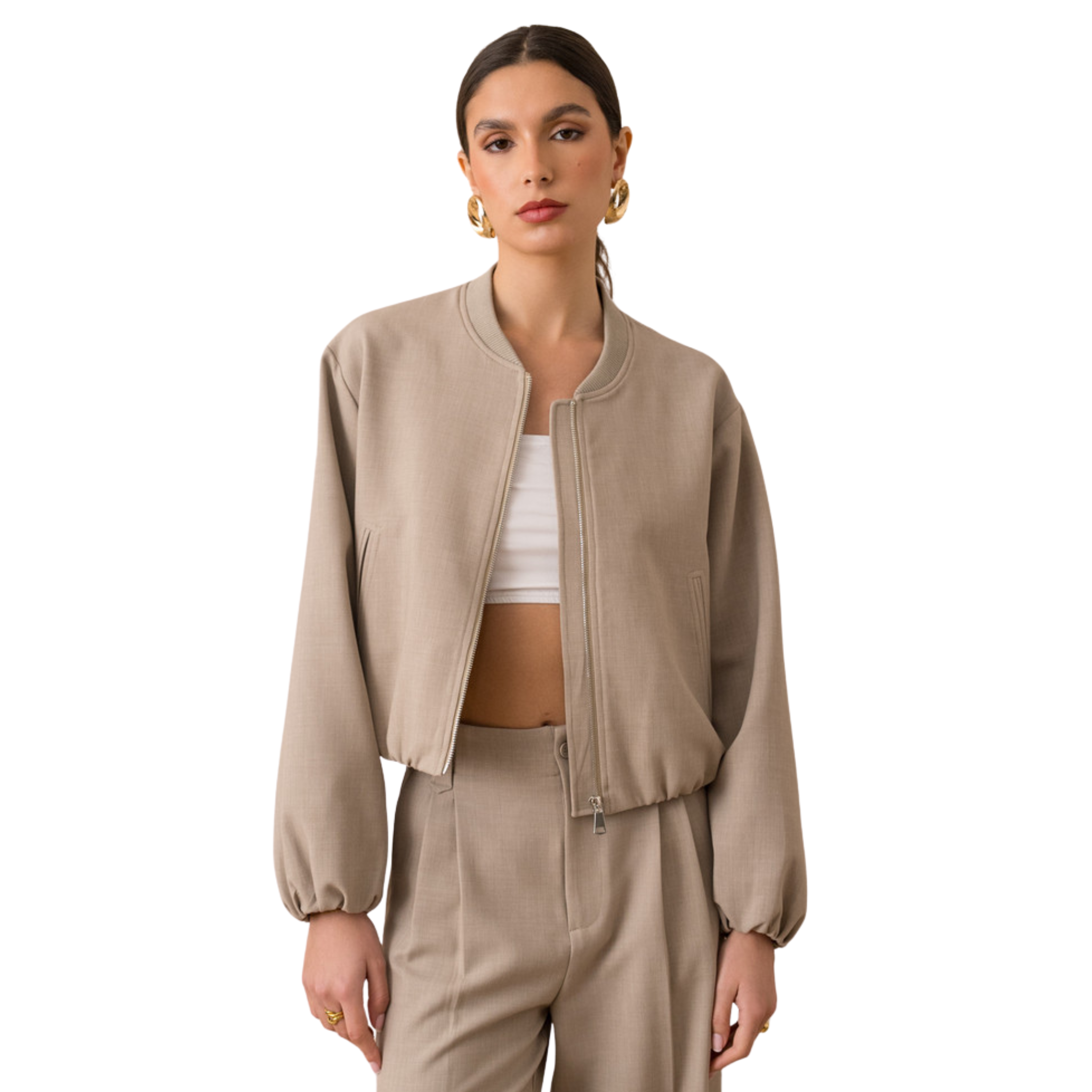 Womens Attentif Taupe Classic Bomber Jacket