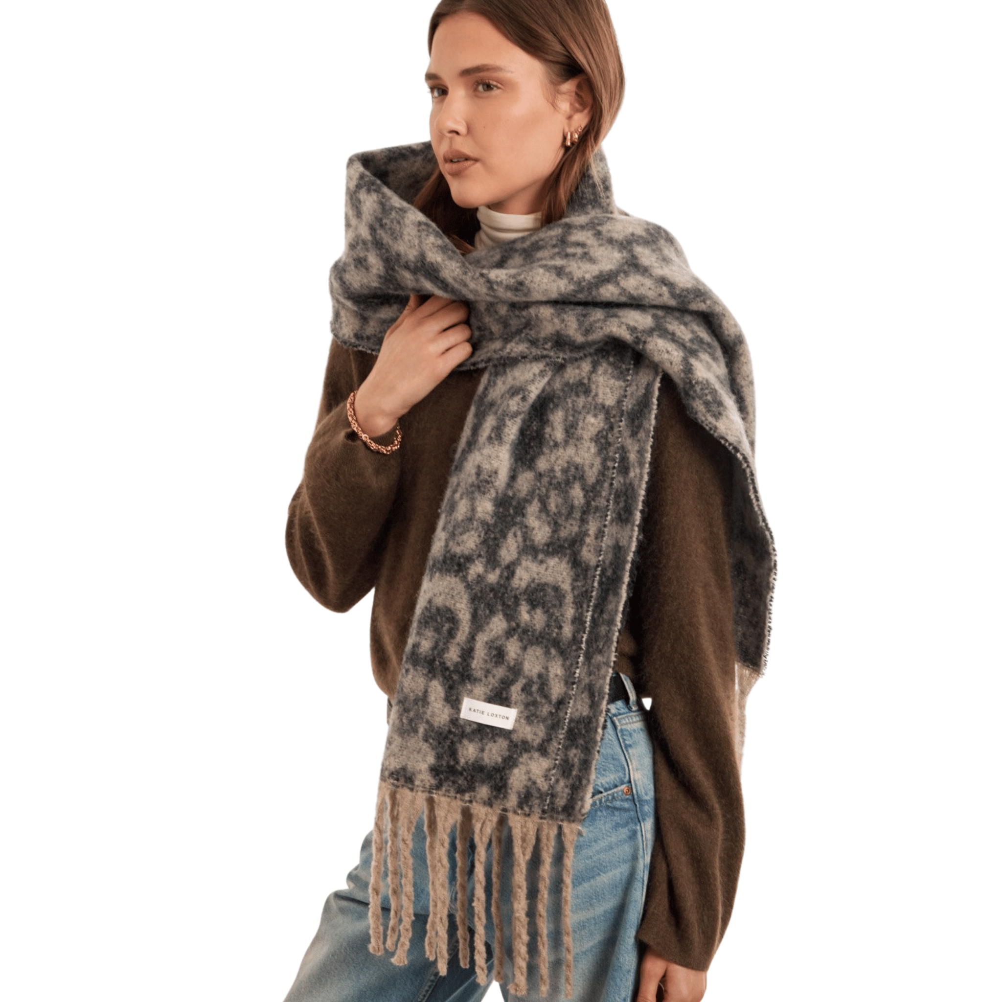 Womens Katie Loxton Taupe/Chocolate Animal Tassel Scarf