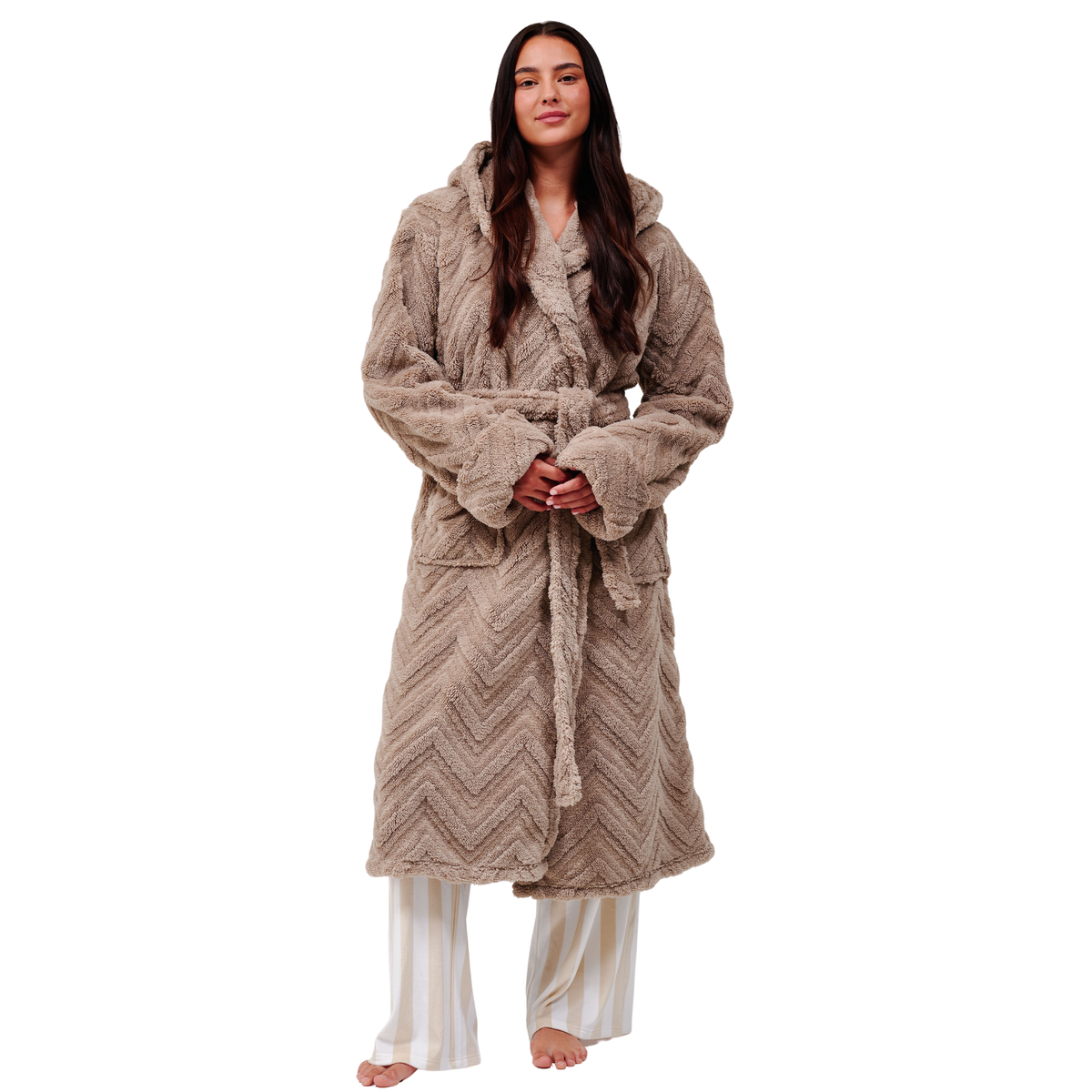 Womens Taupe Chevron Luxury Plush Midi Hooded Dressing Gown