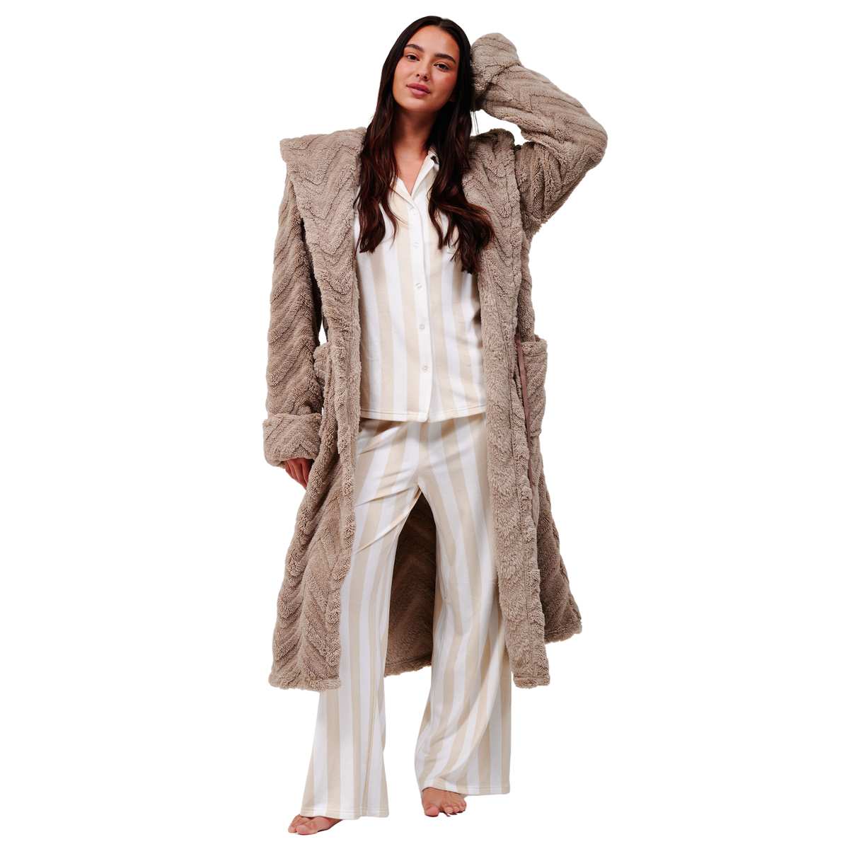 Womens Taupe Chevron Luxury Plush Midi Hooded Dressing Gown