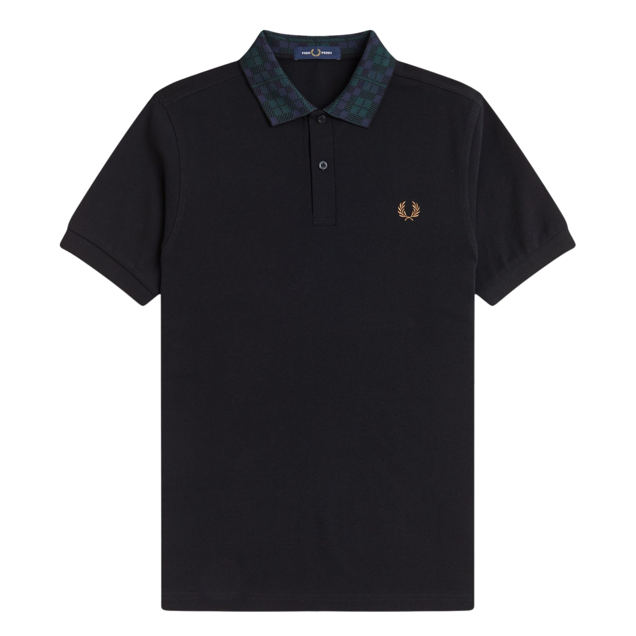 Mens Fred Perry Black Blackwatch Tartan Collar S/s Polo