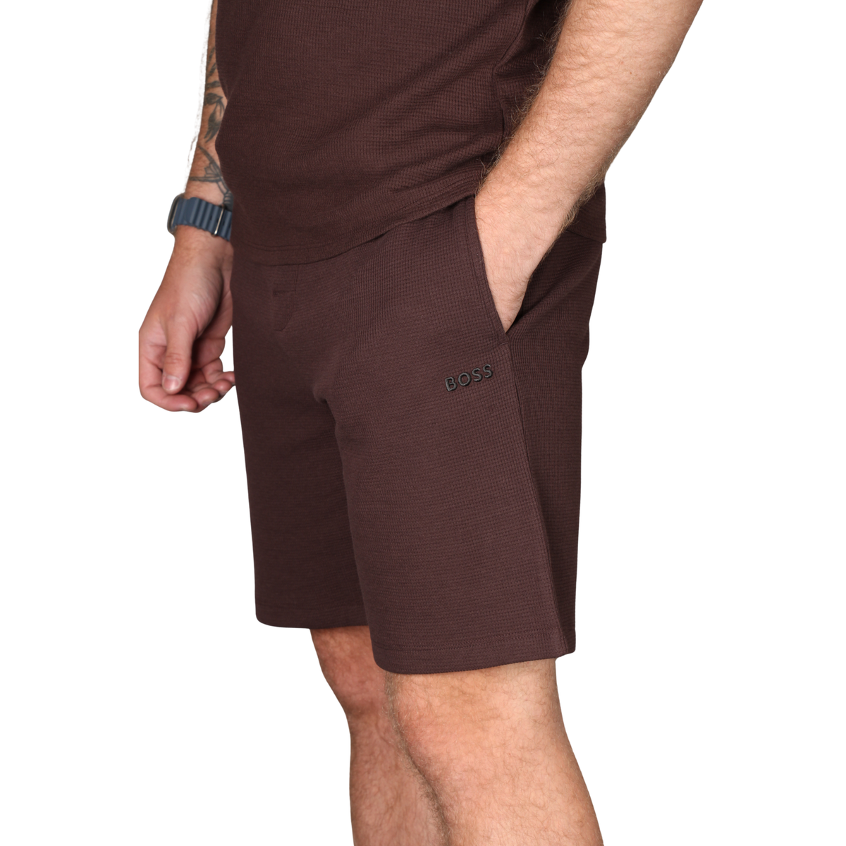 Mens BOSS Dark Brown Waffle Shorts