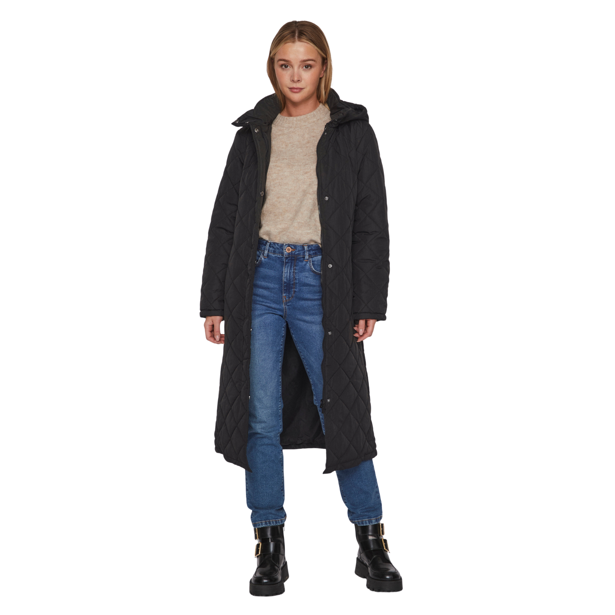 Womens Vila Black Vikante Quilted Long Coat