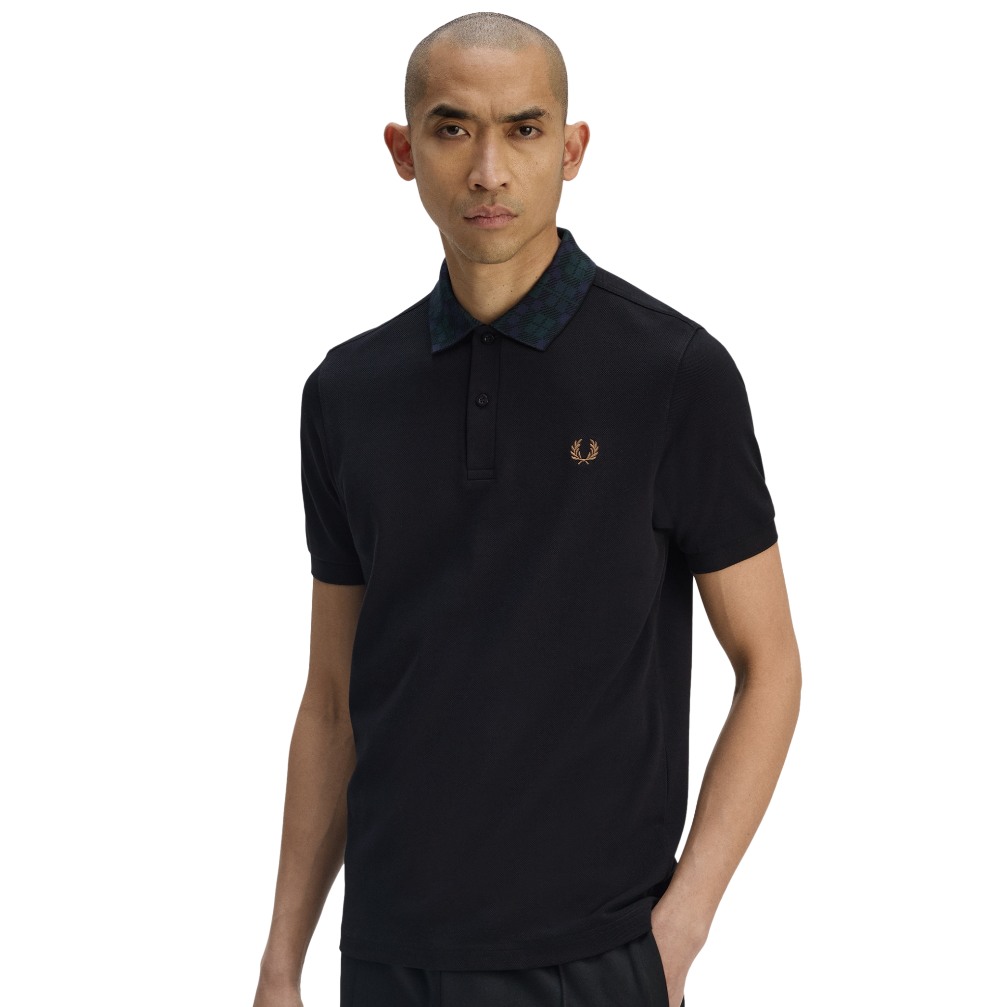 Mens Fred Perry Black Blackwatch Tartan Collar S/s Polo
