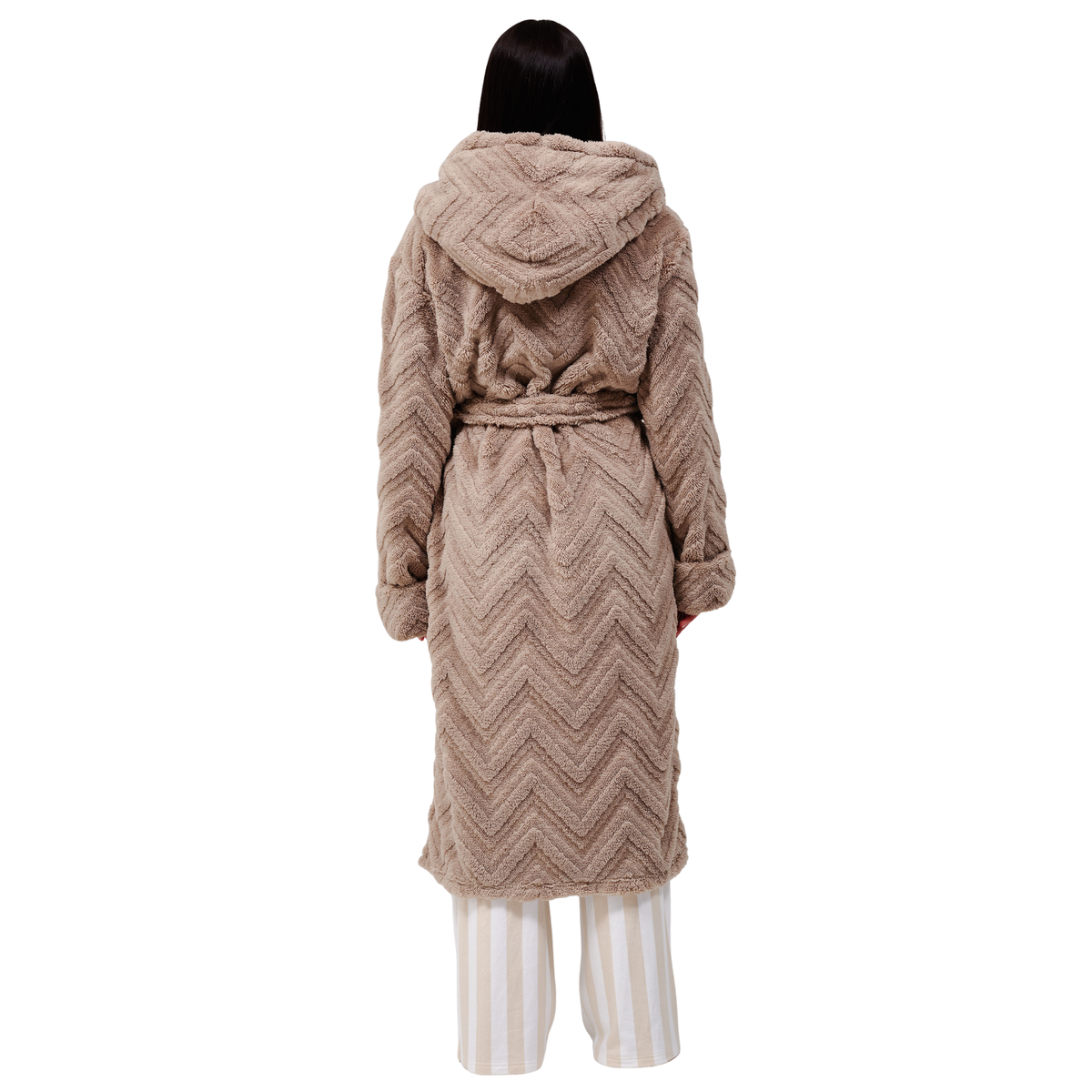 Womens Taupe Chevron Luxury Plush Midi Hooded Dressing Gown